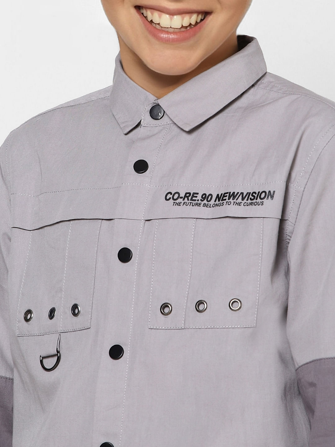 BOYS Grey Colourblocked Full Sleeves Shirt
