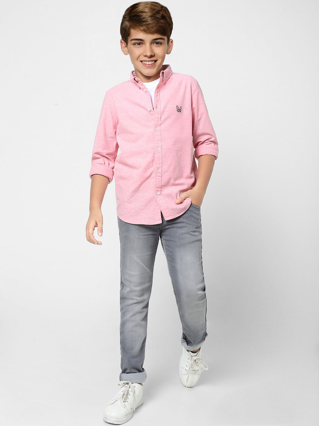 BOYS Pink Solid Full Sleeves Shirt