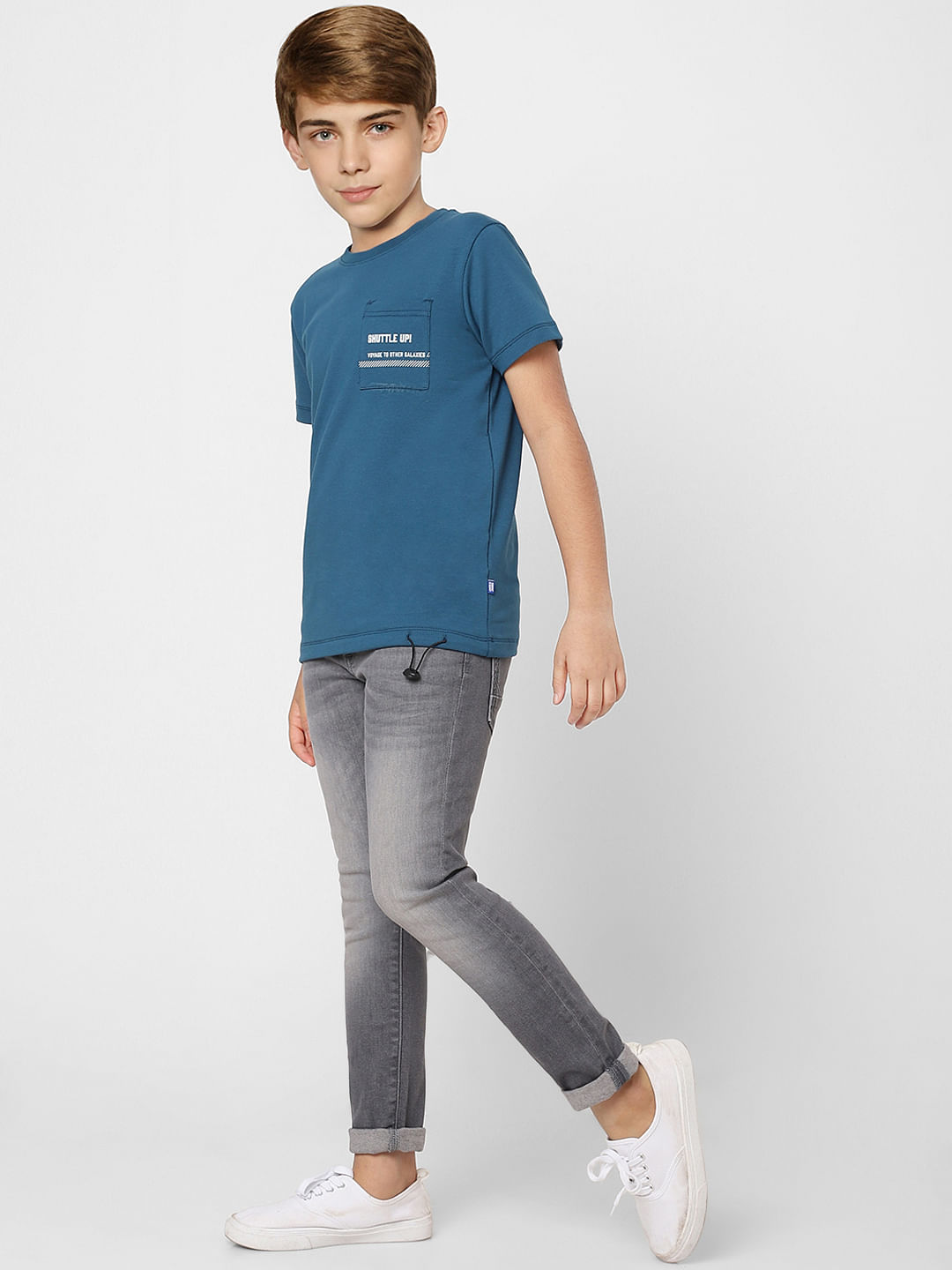 Boys Turquoise Text Print Crew Neck T-shirt