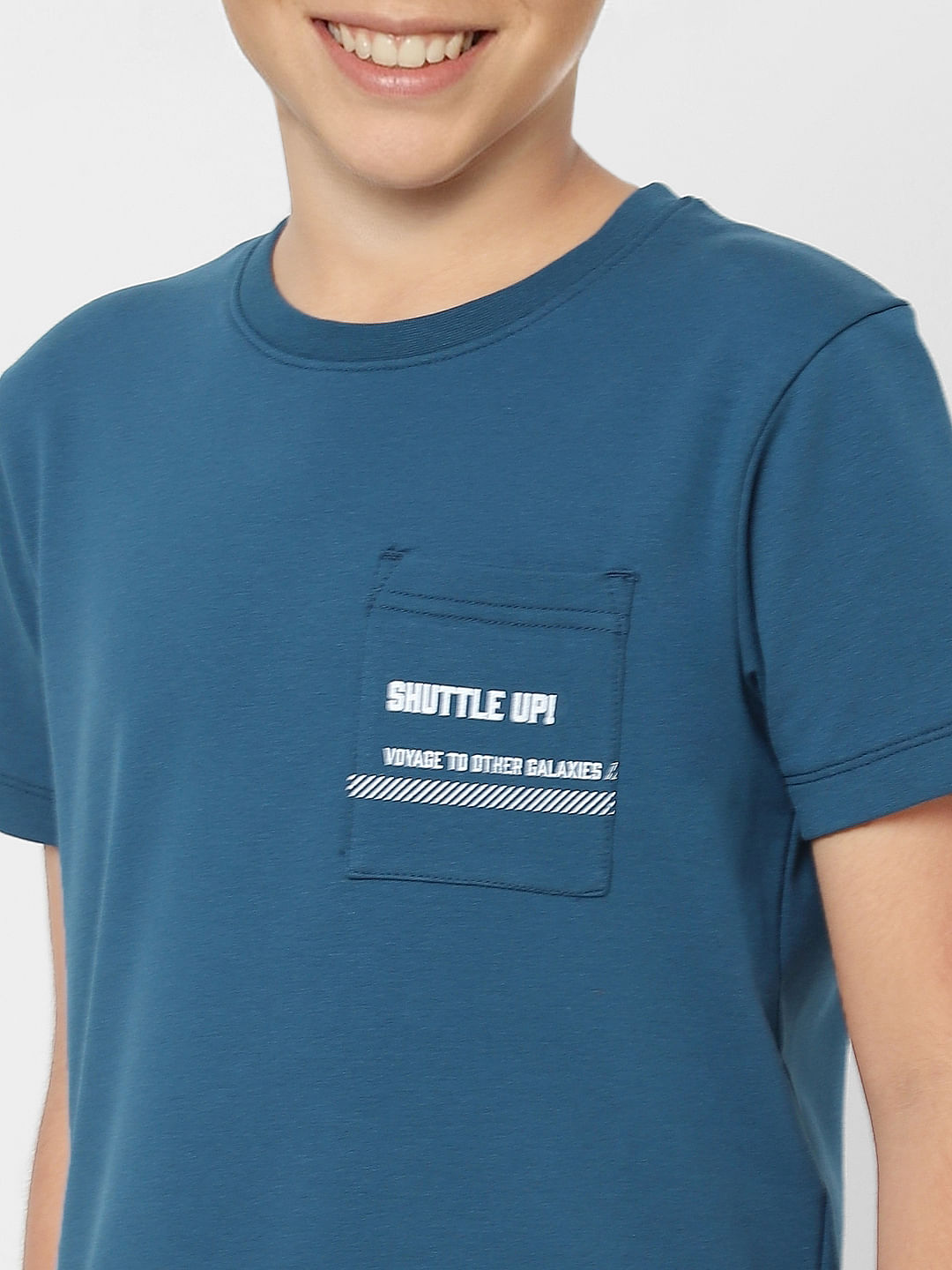 Boys Turquoise Text Print Crew Neck T-shirt