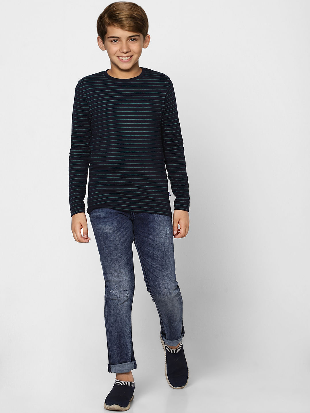 Buy Blue Striped Crew Neck Full Sleeves T-shirt for Boys Online at