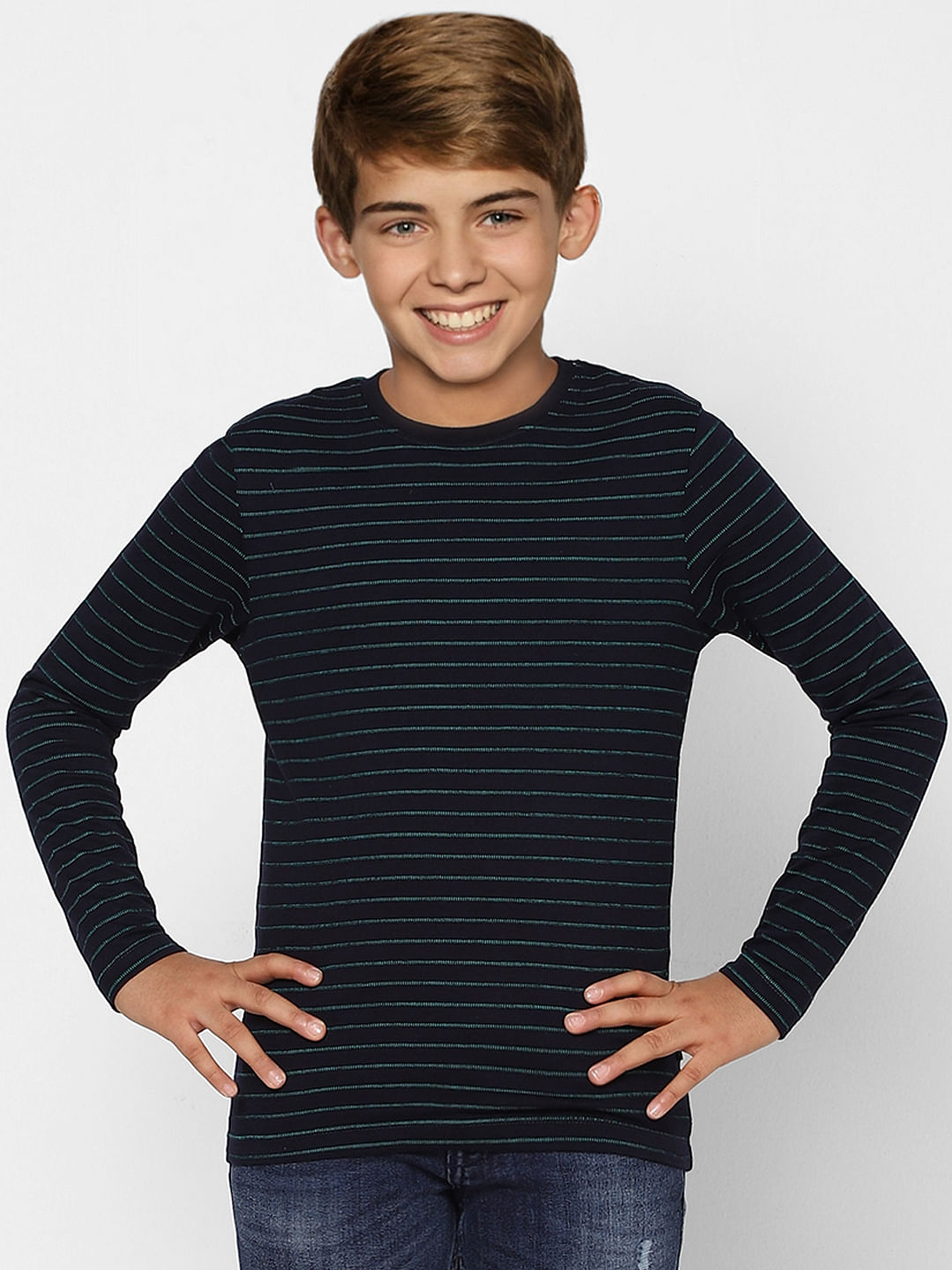 BOYS Blue Striped Crew Neck Full Sleeves T-shirt