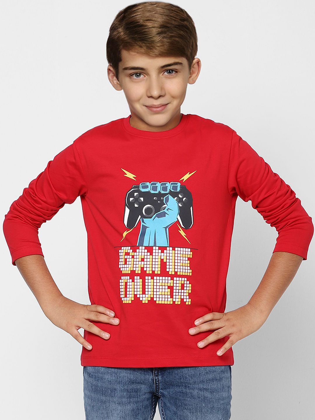 Boys Red Graphic Print Full Sleeves T-shirt