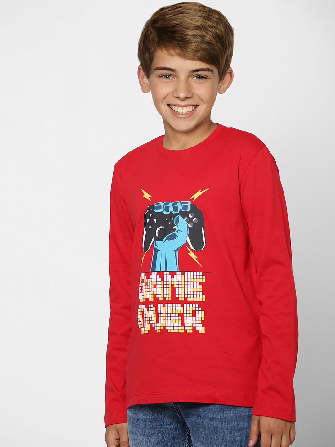 Boys Red Graphic Print Full Sleeves T-shirt
