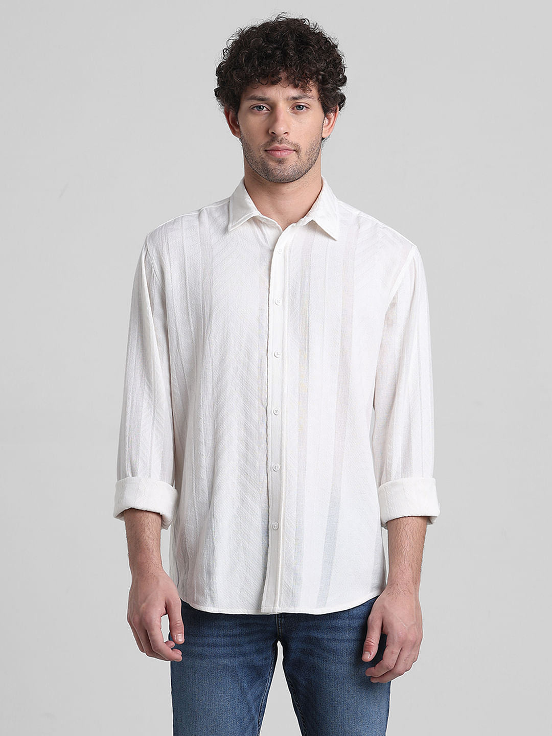 White Printed Textured Weave Shirt