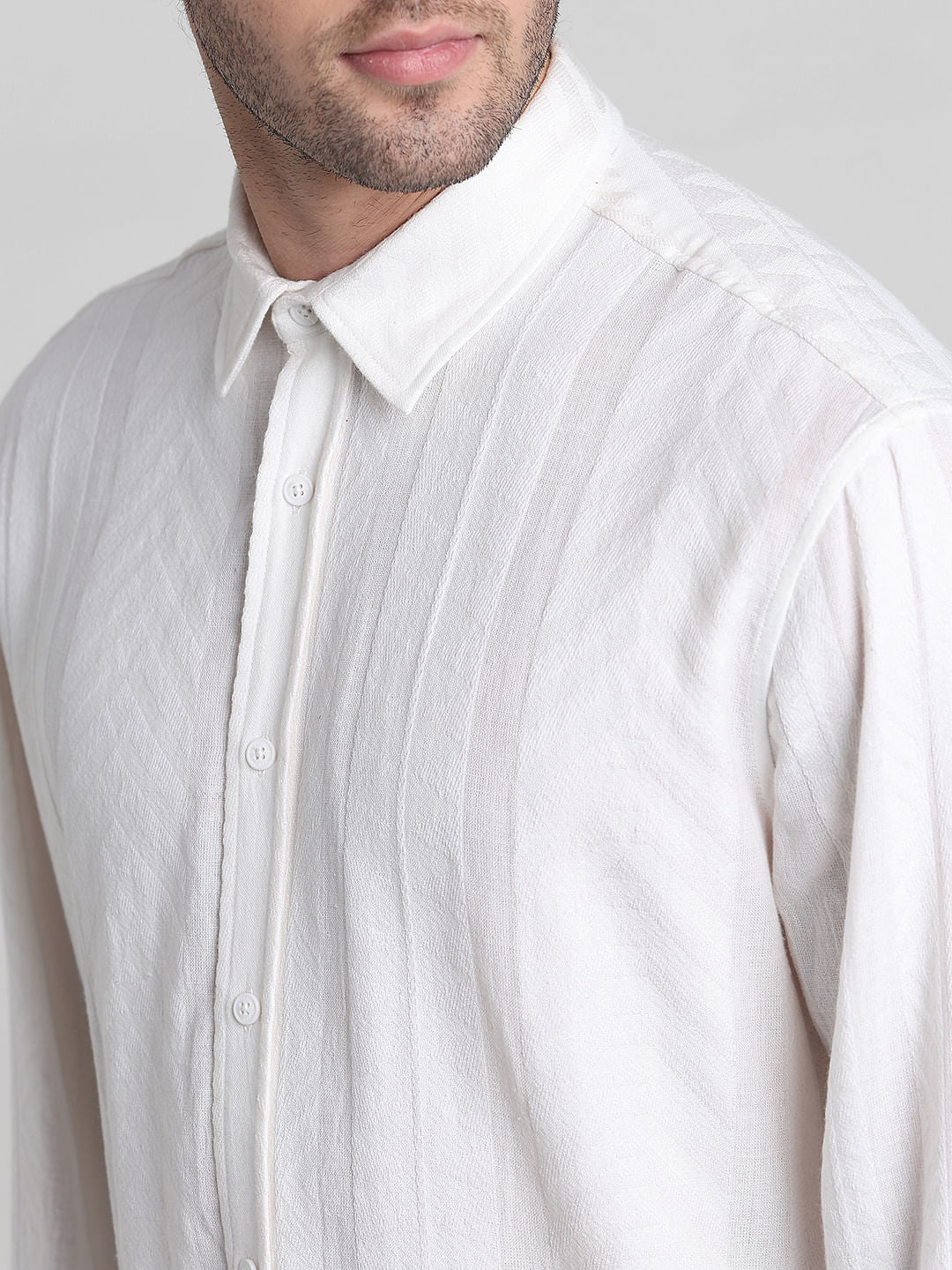 White Printed Textured Weave Shirt