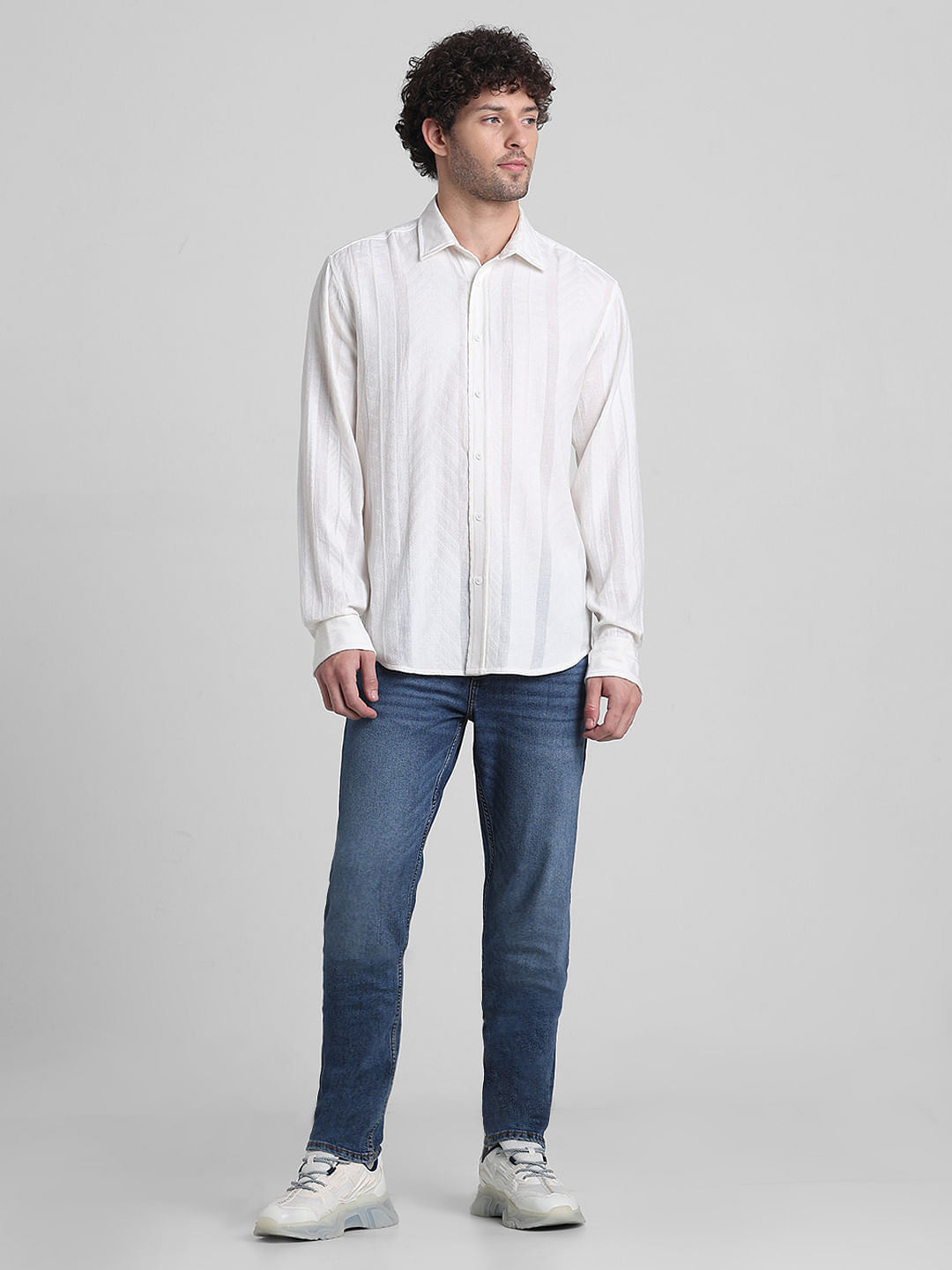 White Printed Textured Weave Shirt
