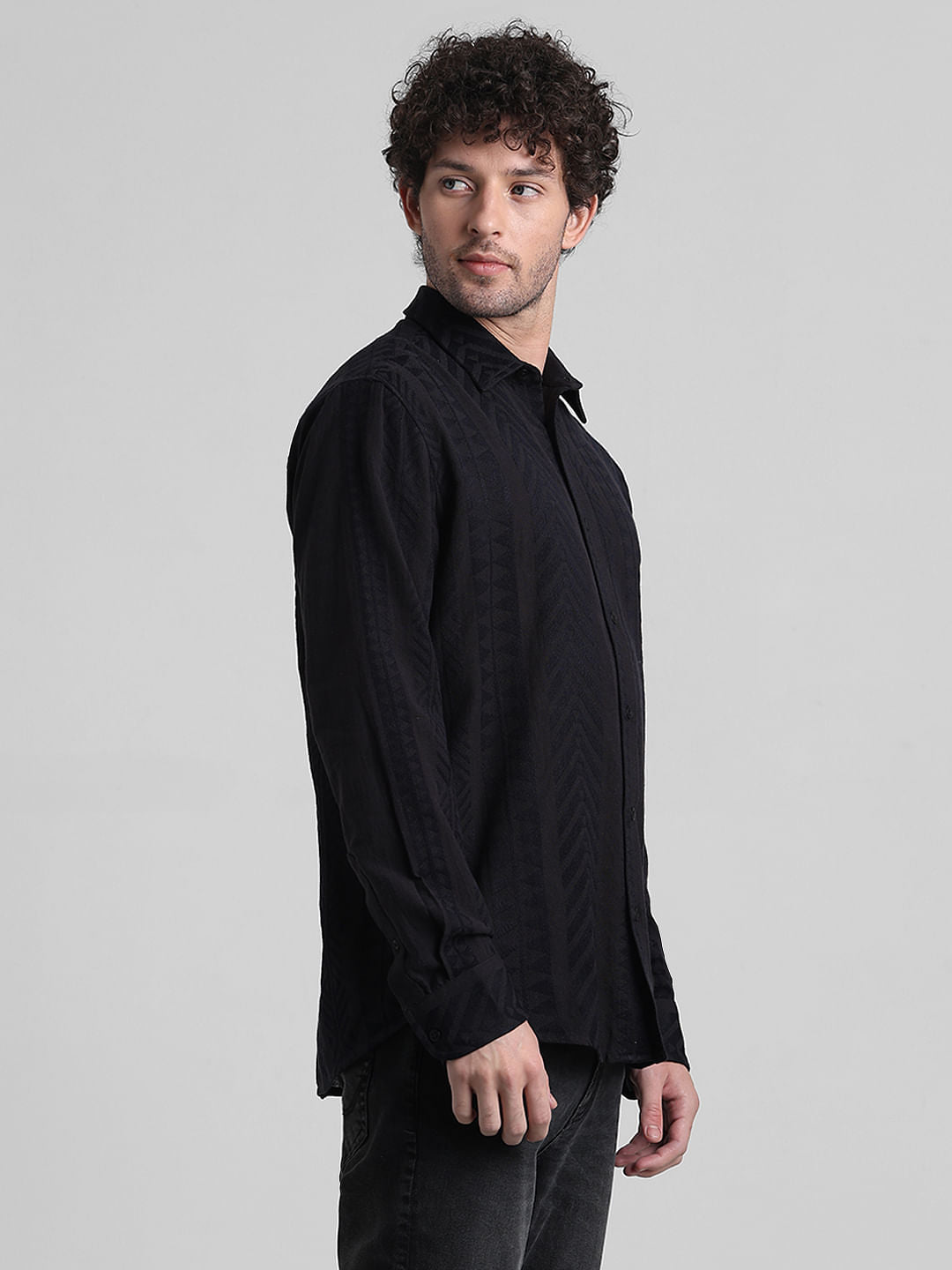 Black Printed Textured Weave Shirt