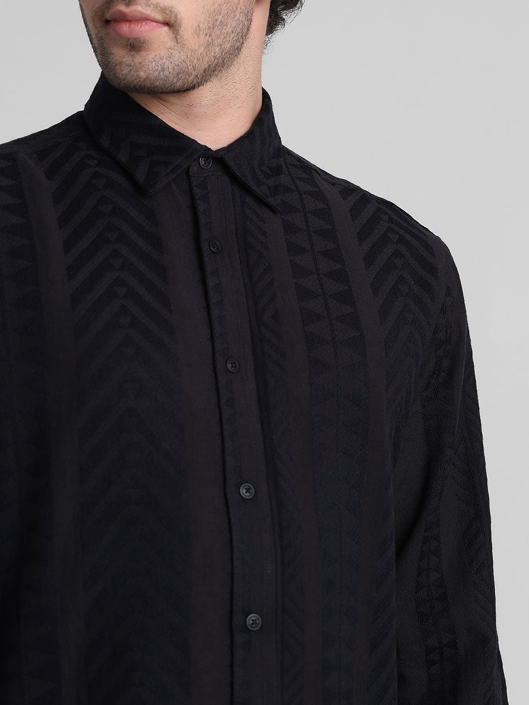 Black Printed Textured Weave Shirt