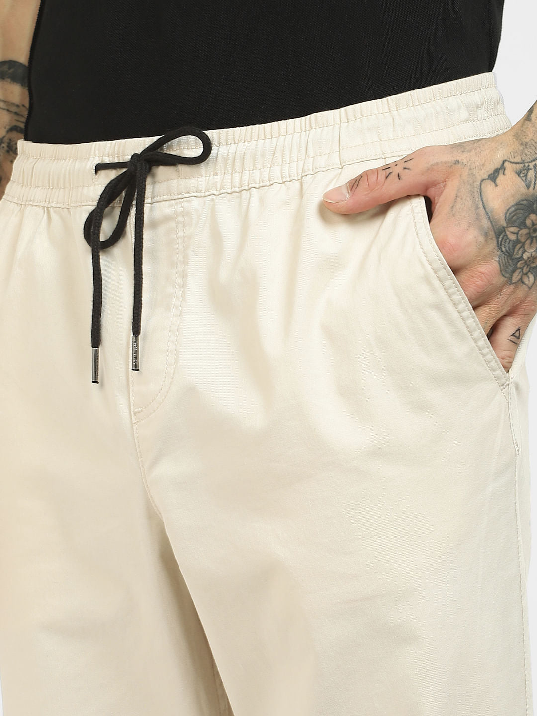 Beige Low Rise Cotton Pants