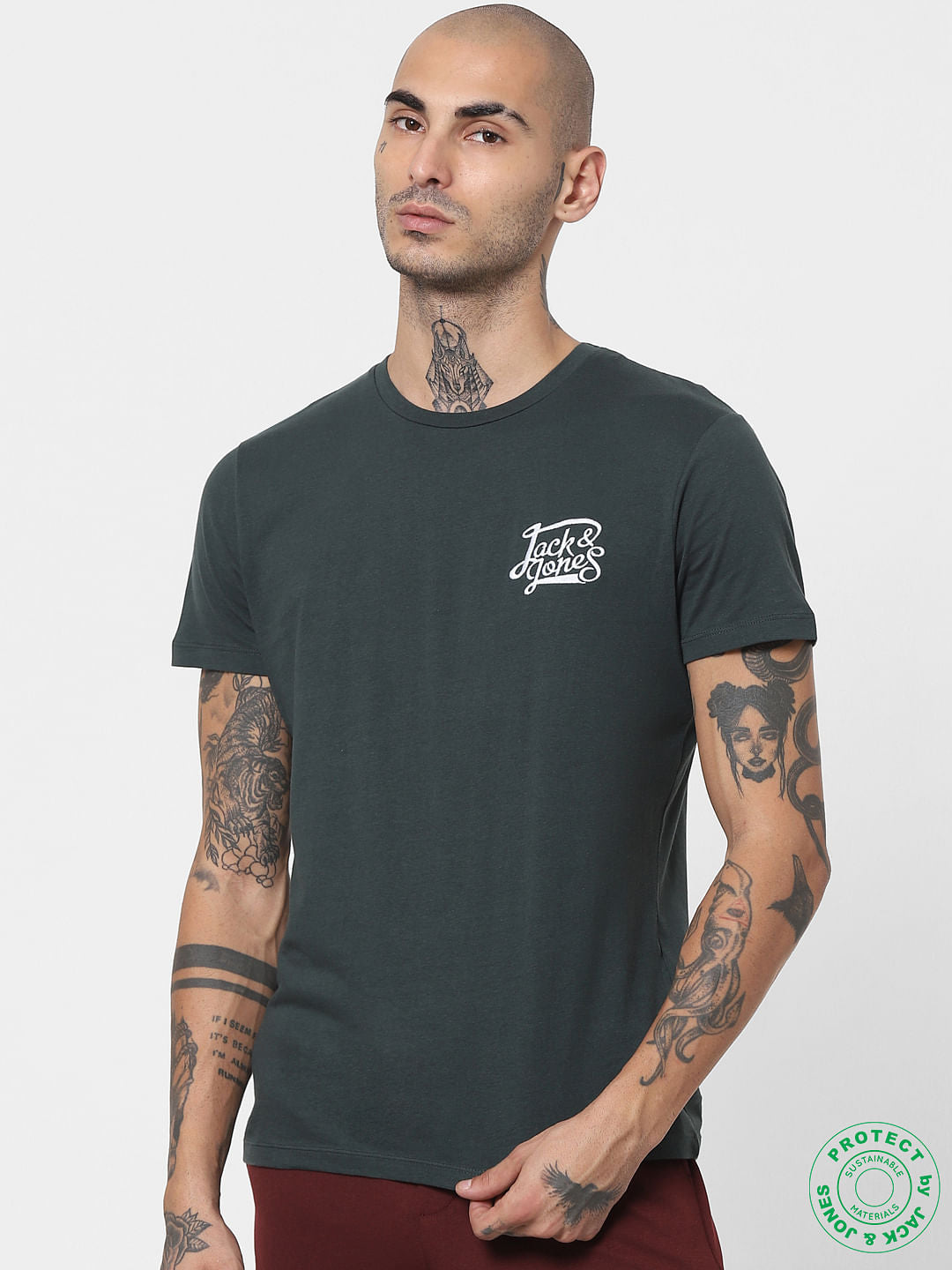 Dark Green Logo Print Crew Neck T-shirt