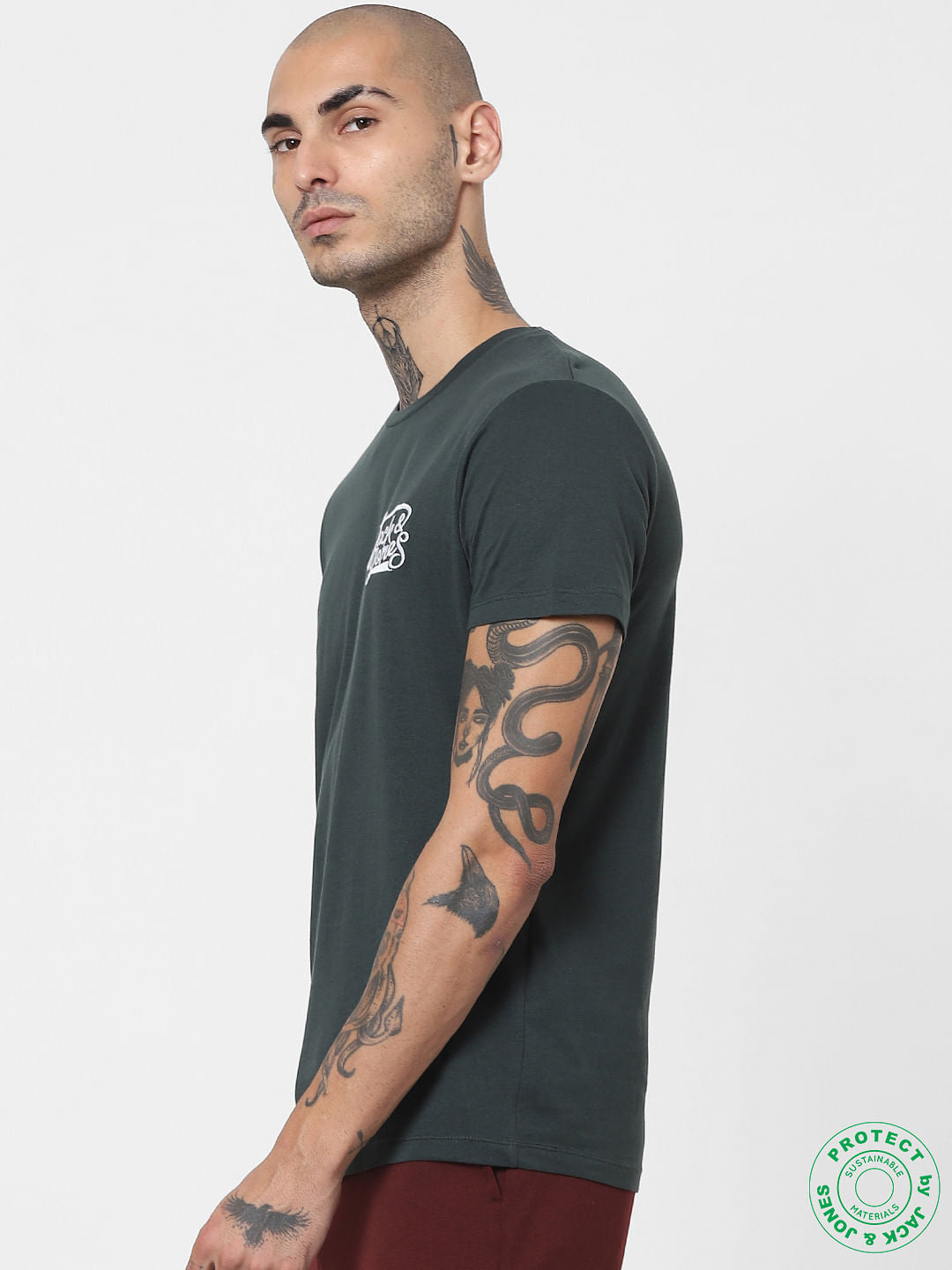Dark Green Logo Print Crew Neck T-shirt