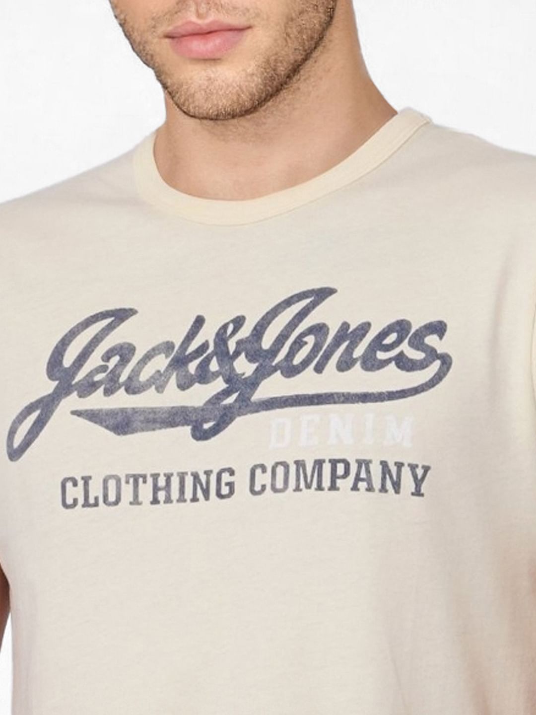 Beige Logo Print Crew Neck T-shirt