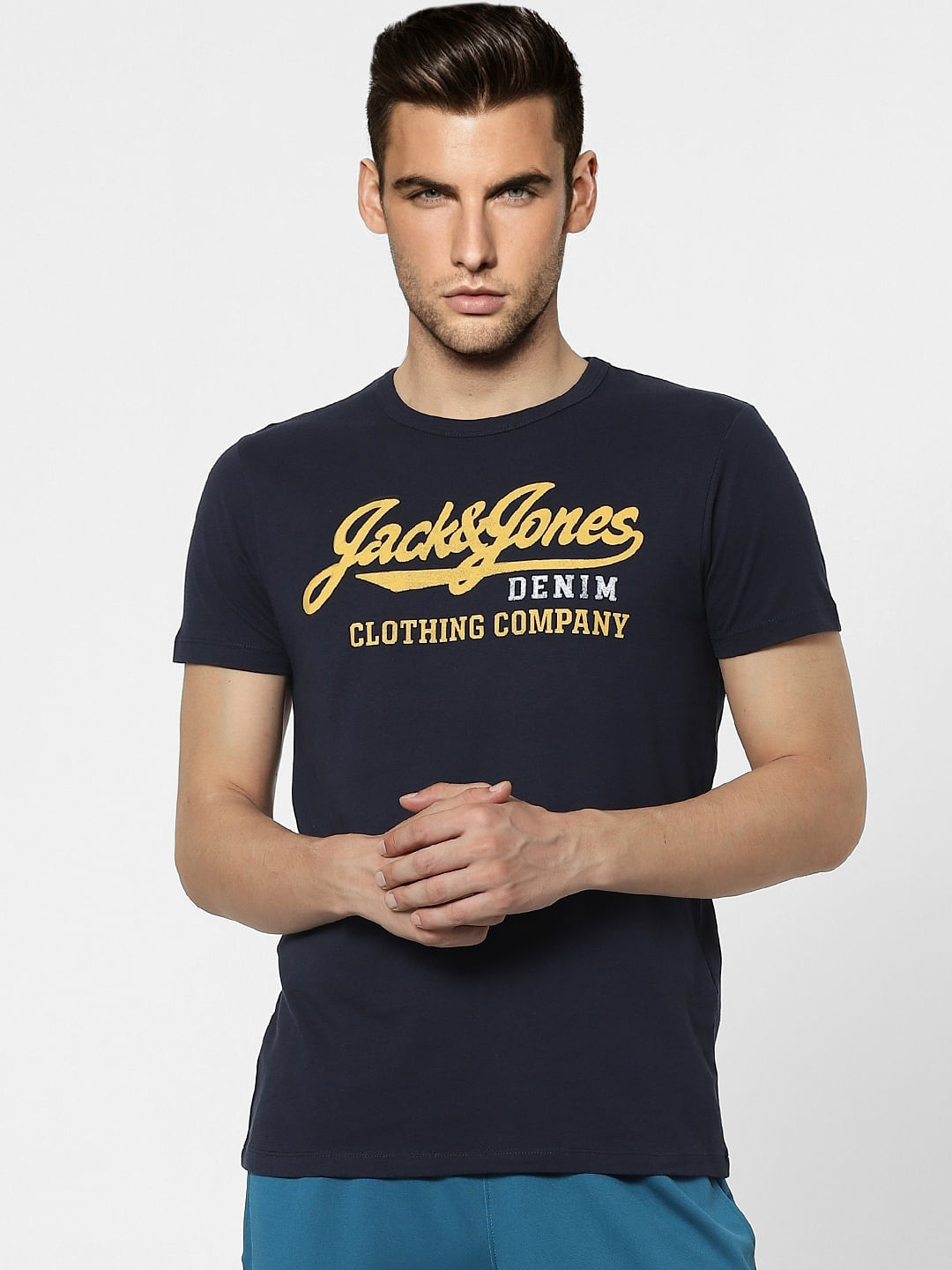 Navy Blue Logo Print Crew Neck T-shirt