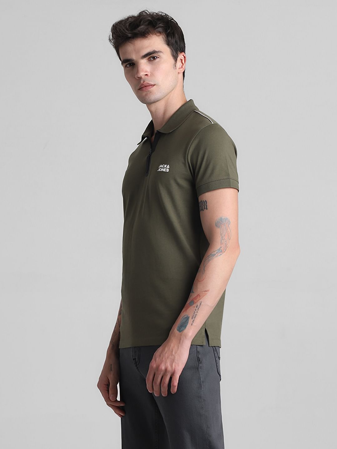 Olive Zip Detail Polo T-shirt