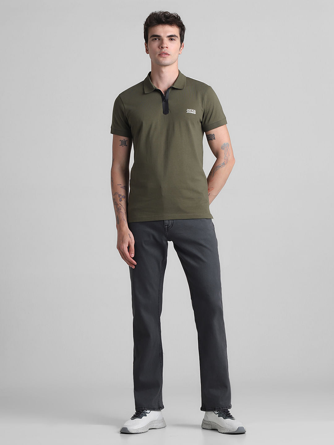 Olive Zip Detail Polo T-shirt