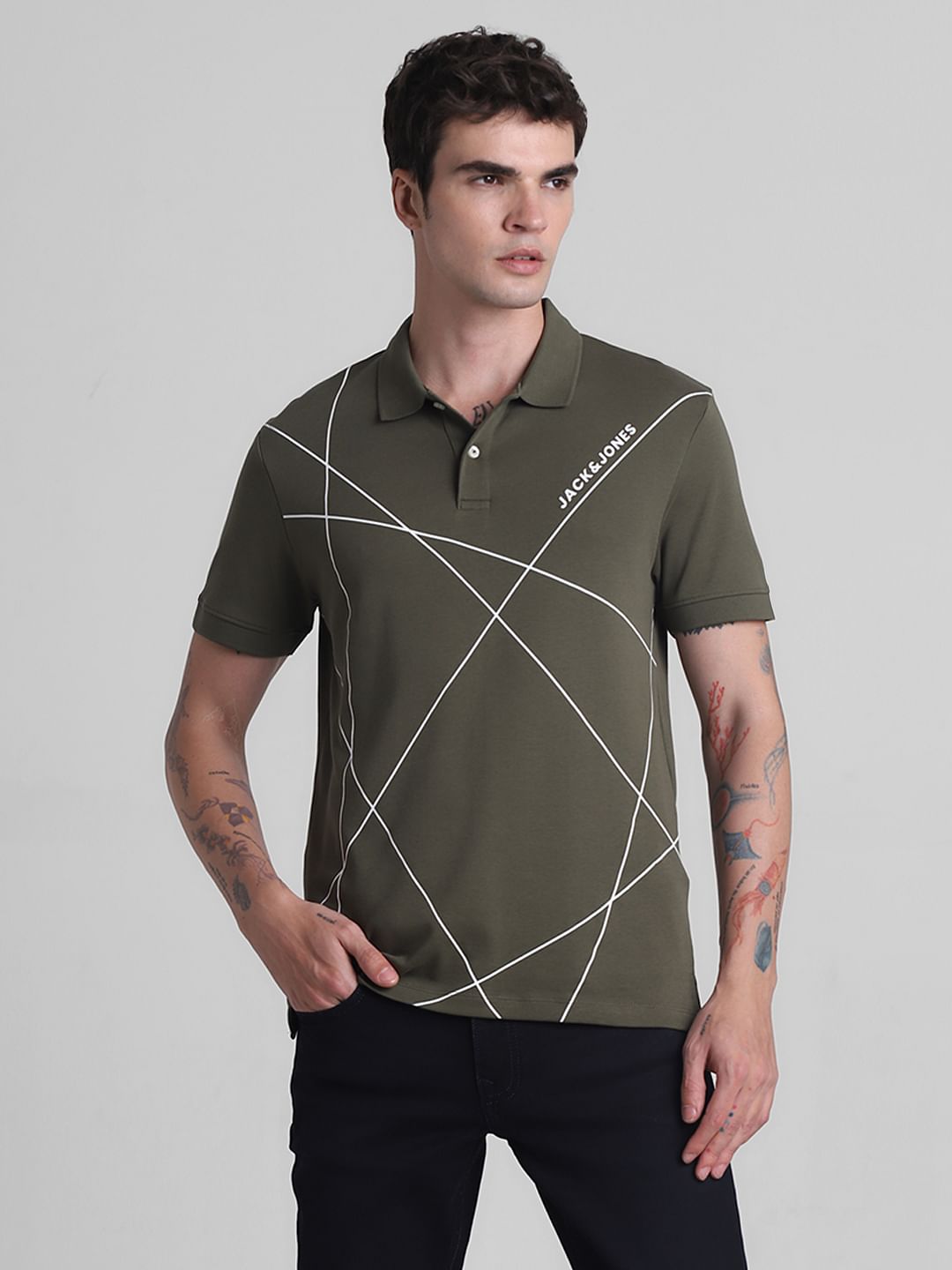Olive Printed Cotton Polo T-shirt