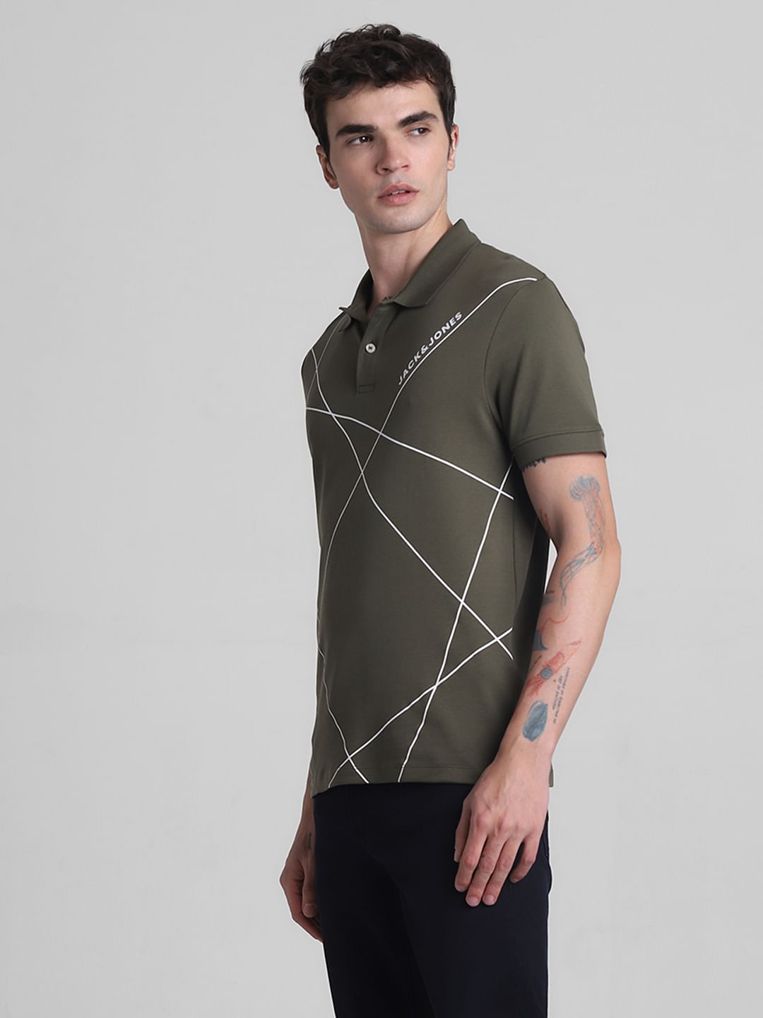 Olive Printed Cotton Polo T-shirt