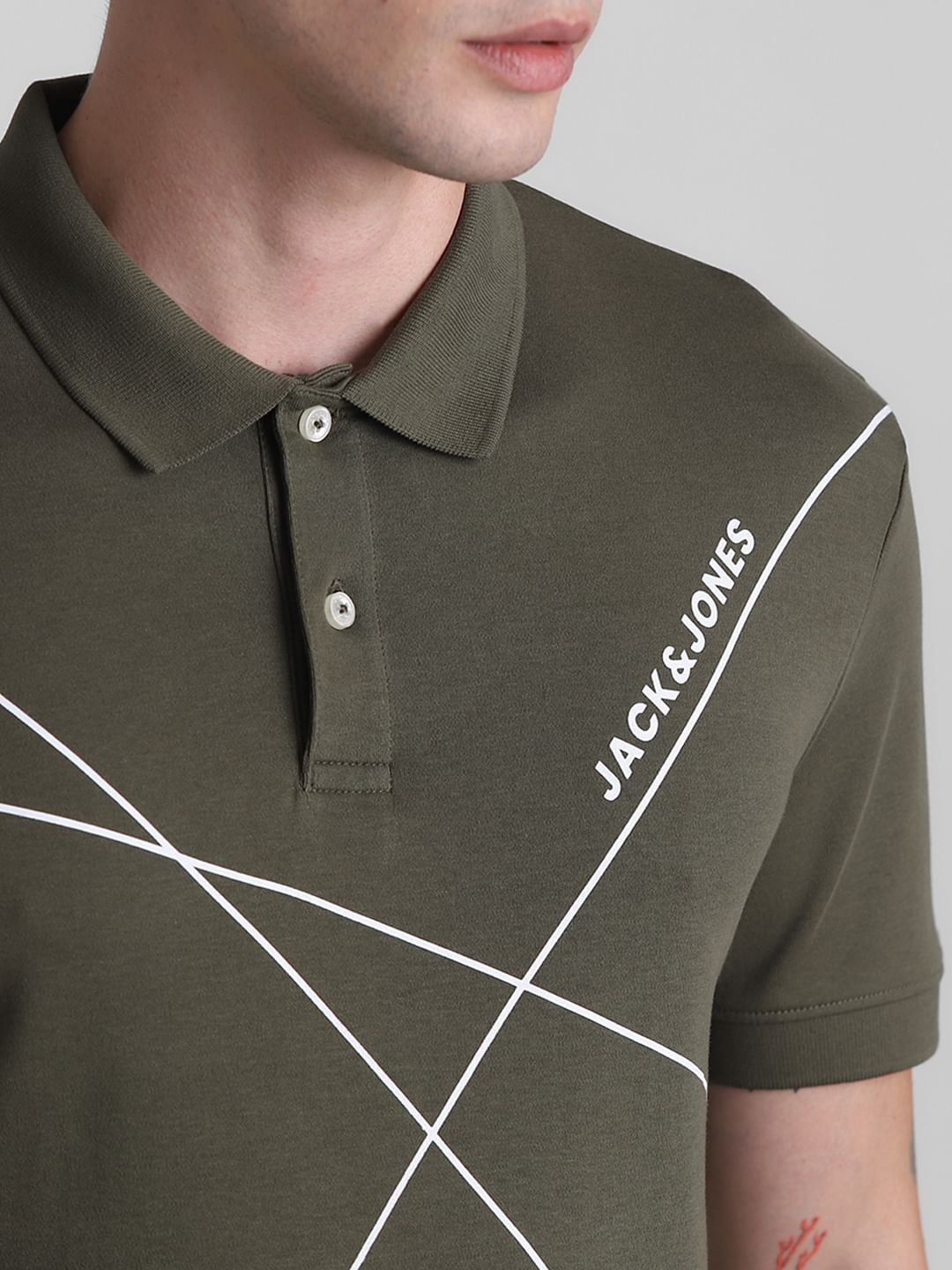 Olive Printed Cotton Polo T-shirt