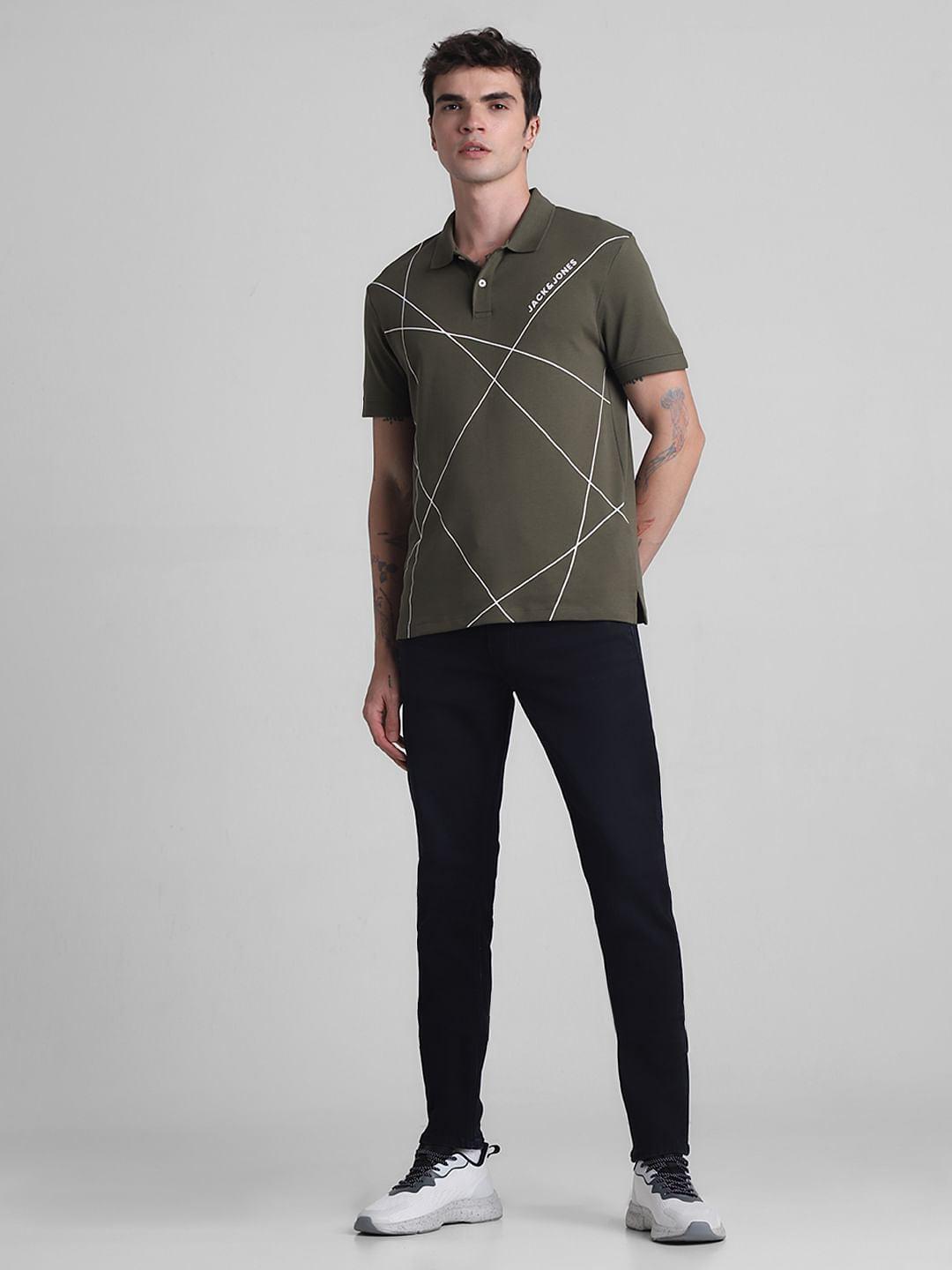Olive Printed Cotton Polo T-shirt