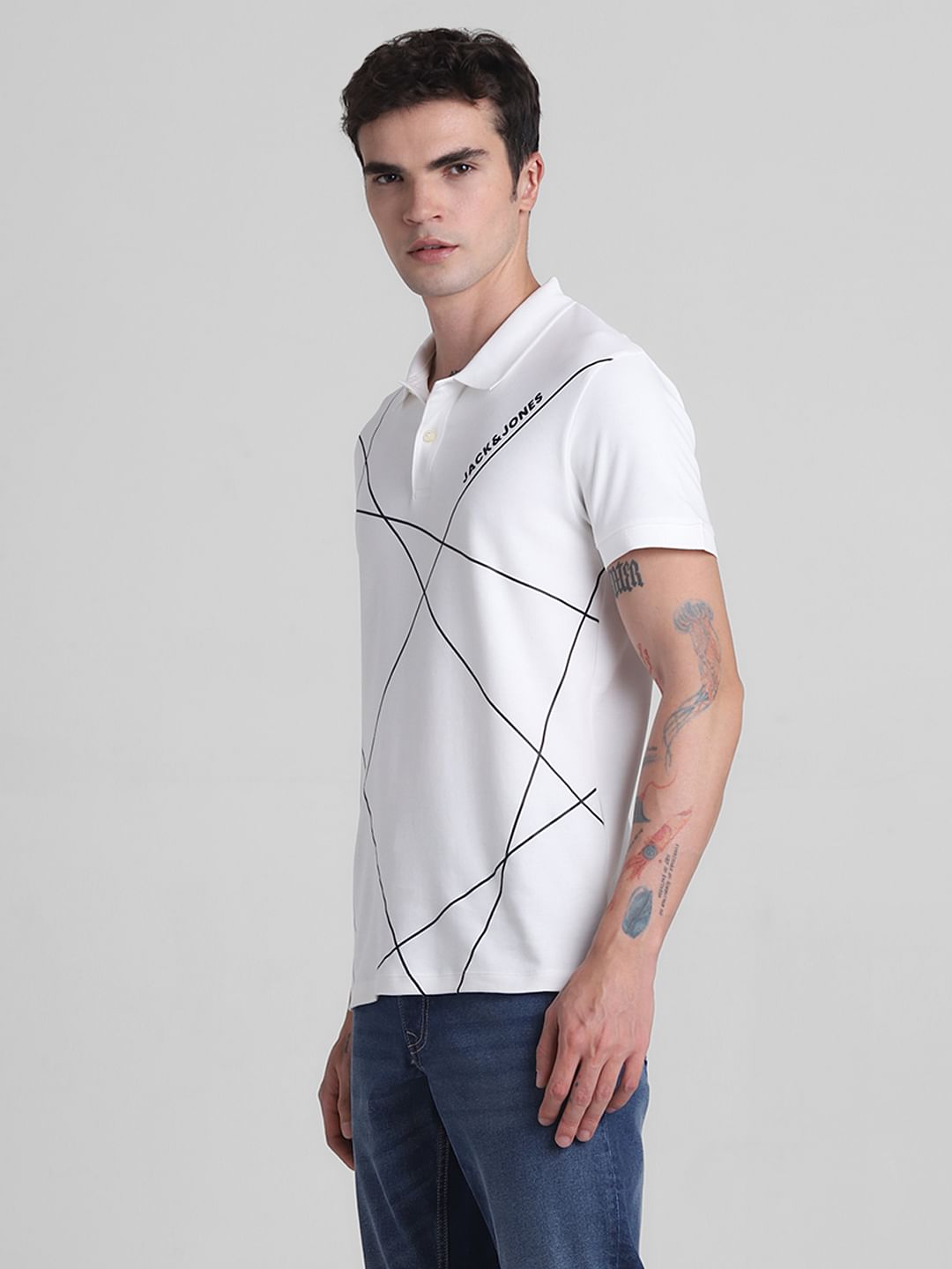 White Printed Cotton Polo T-shirt