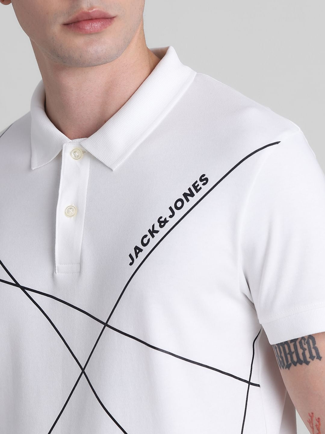 White Printed Cotton Polo T-shirt