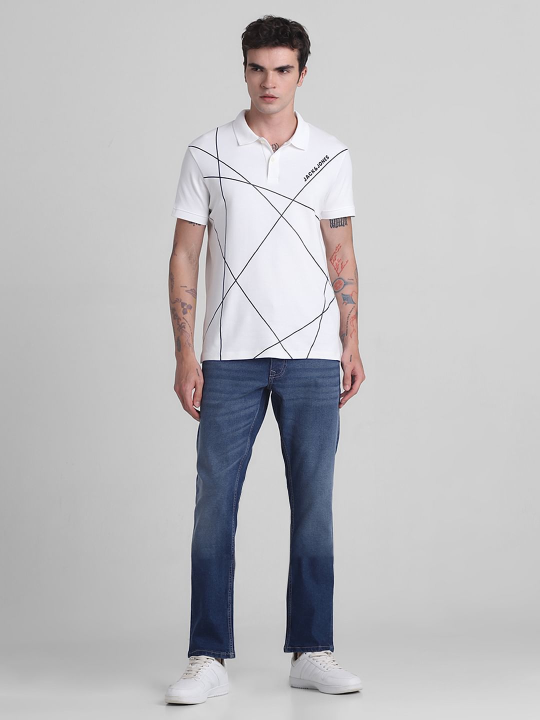 White Printed Cotton Polo T-shirt