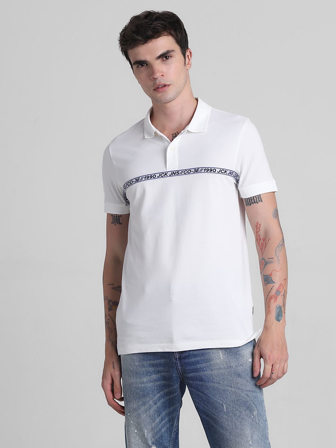 White Logo Tape Print Polo T-shirt