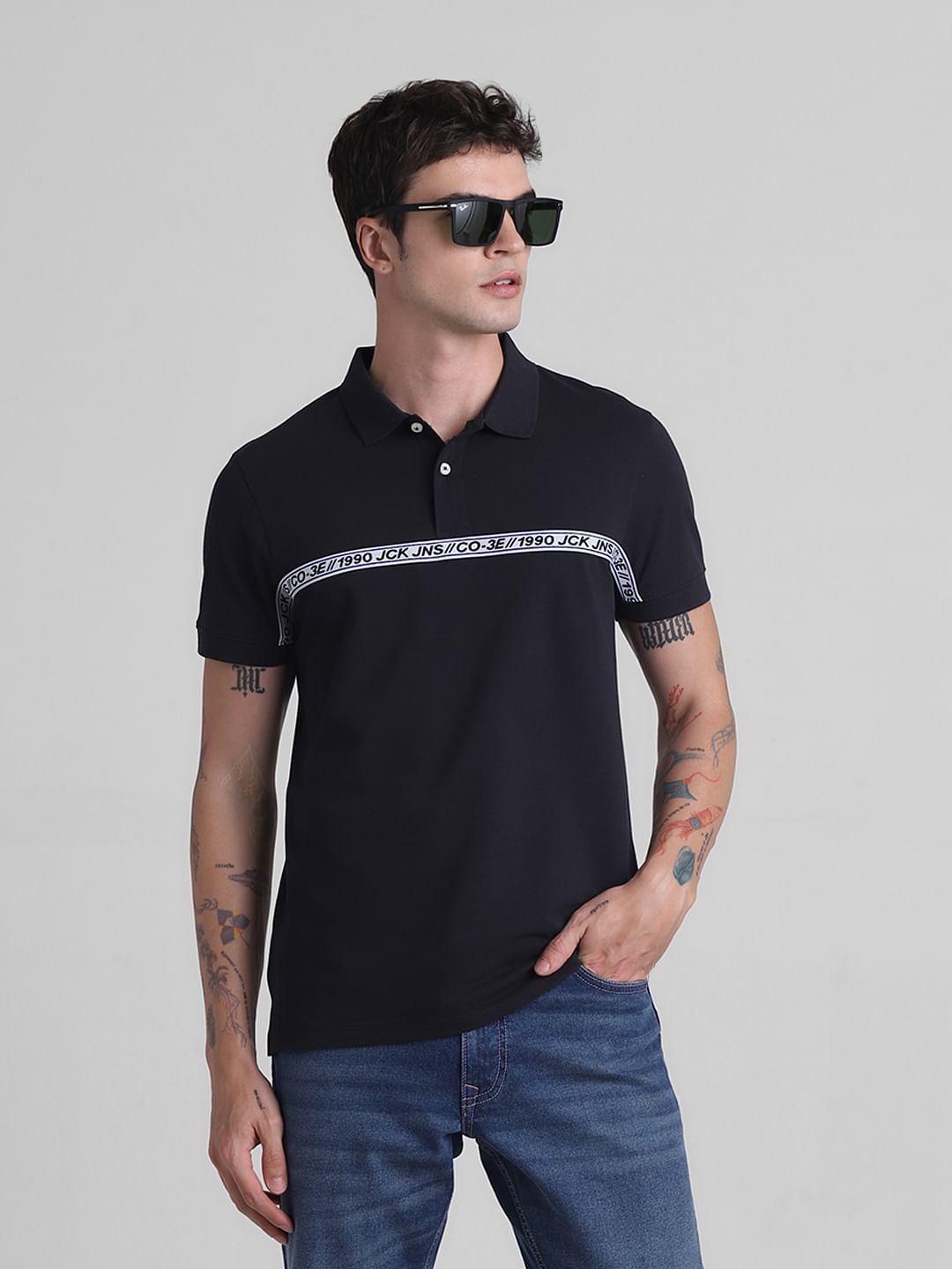 Black Logo Tape Print Polo T-shirt