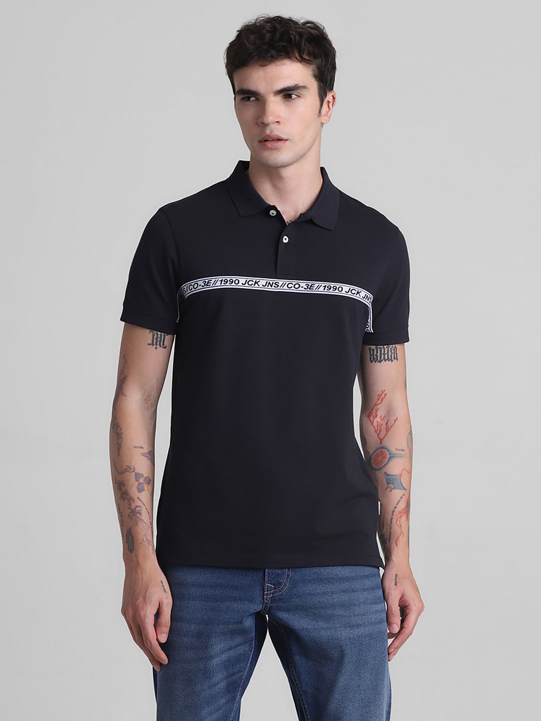 Black Logo Tape Print Polo T-shirt