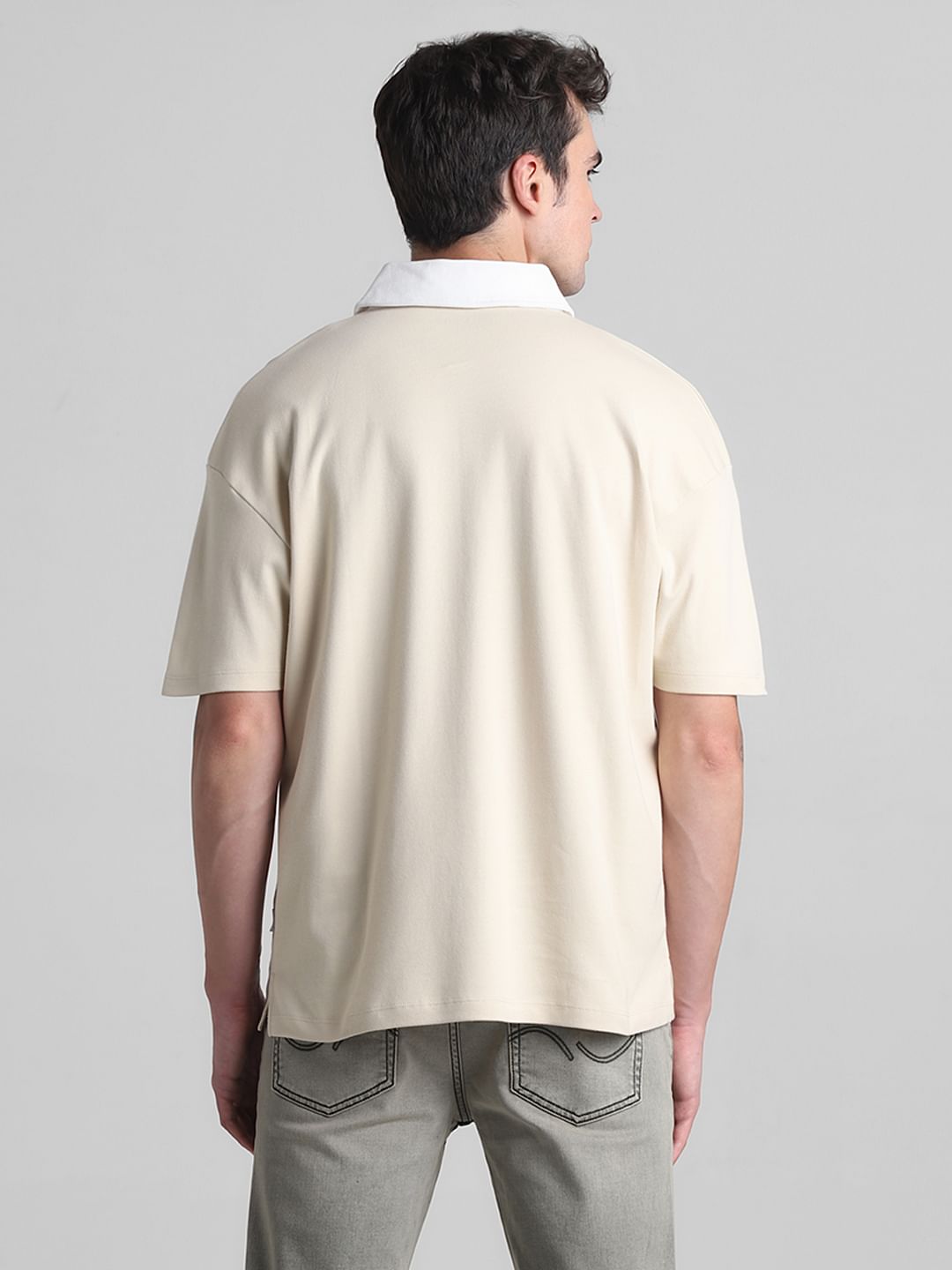 Beige Cotton Oversized Polo T-shirt