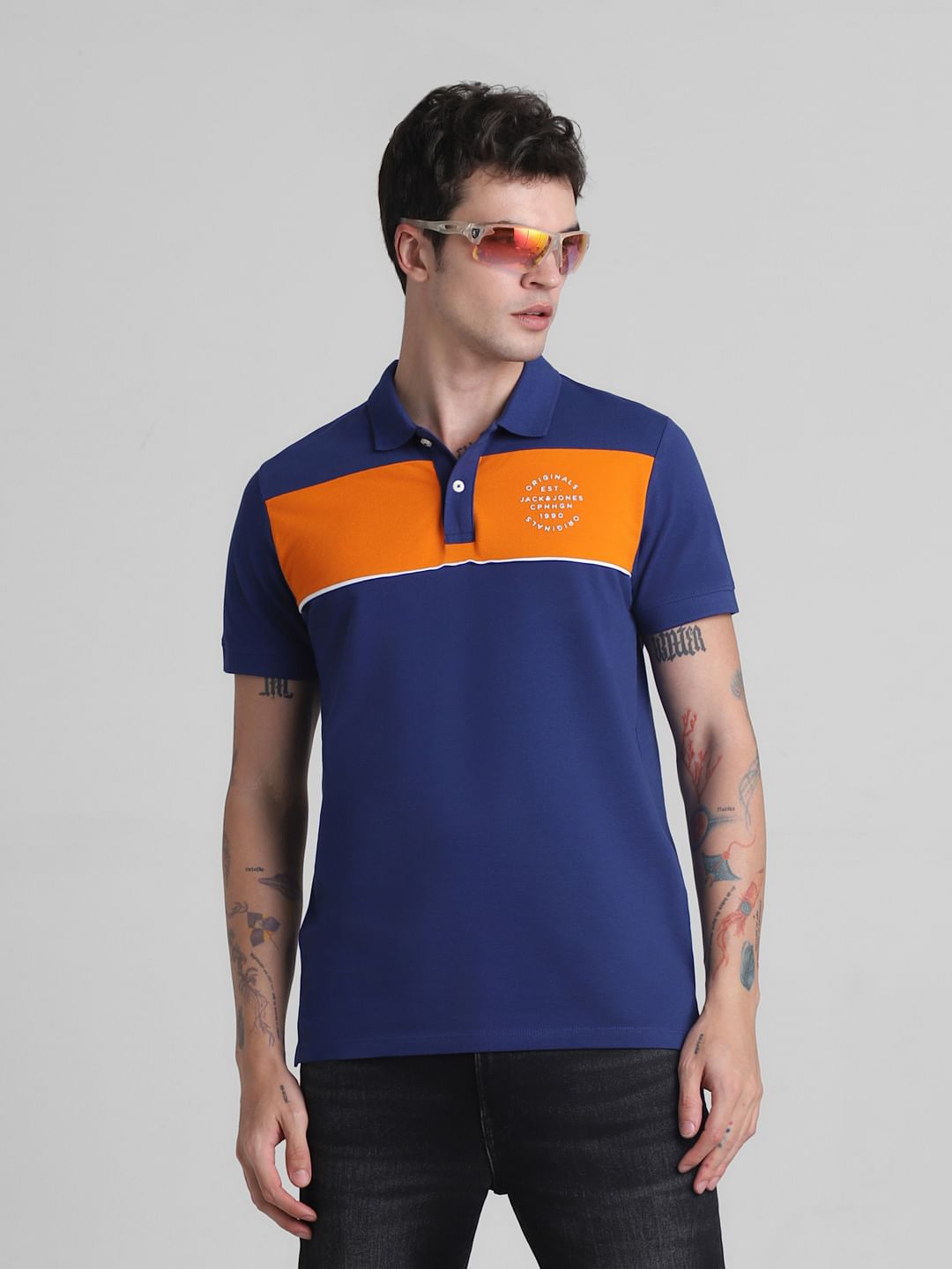 Blue Colourblocked Contrast Tipping Polo
