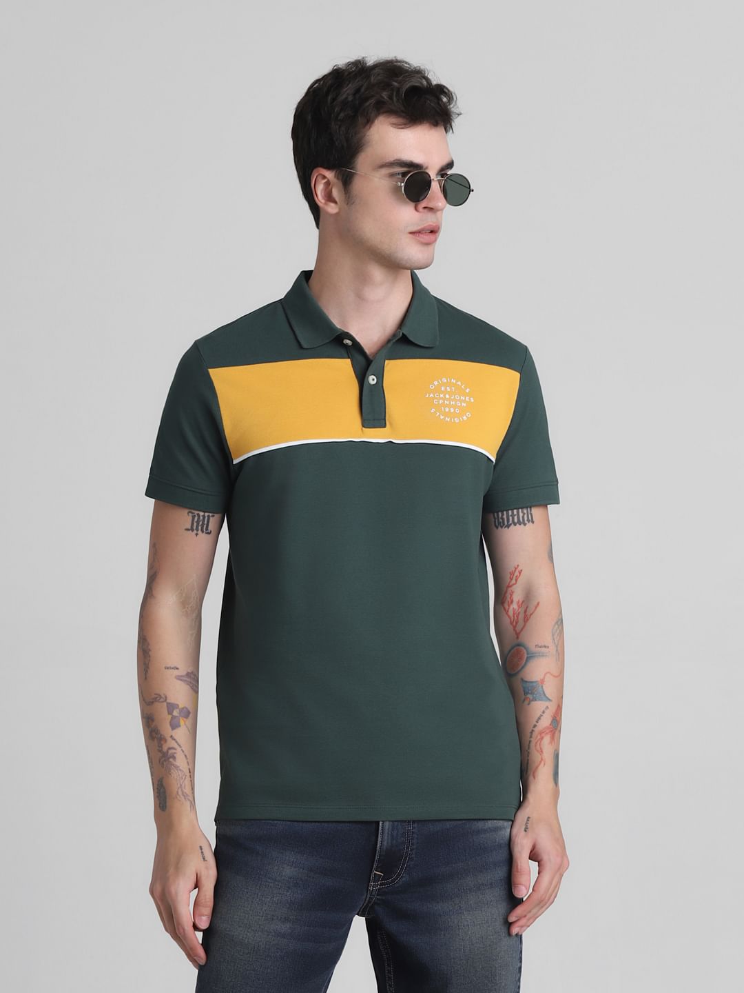 Green Colourblocked Contrast Tipping Polo