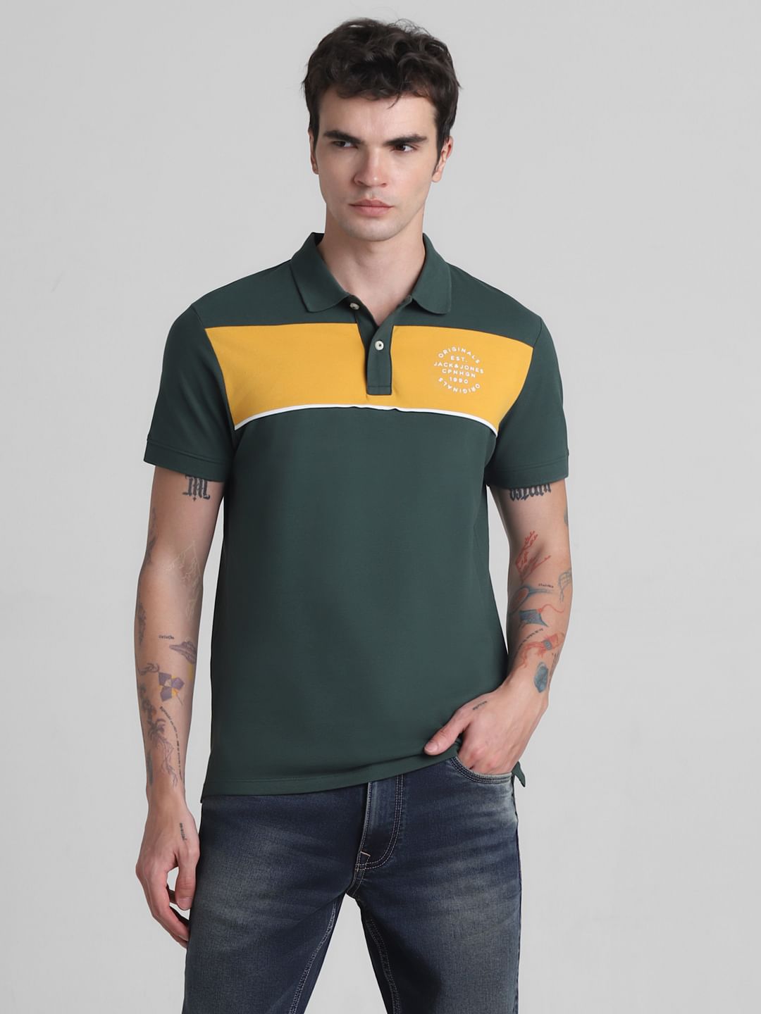 Green Colourblocked Contrast Tipping Polo