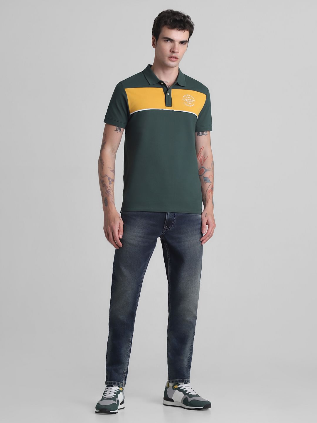 Green Colourblocked Contrast Tipping Polo