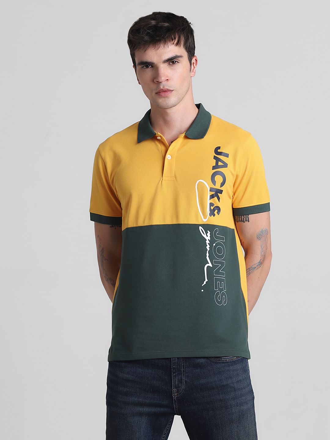 Yellow Colourblocked Cotton Polo T-shirt