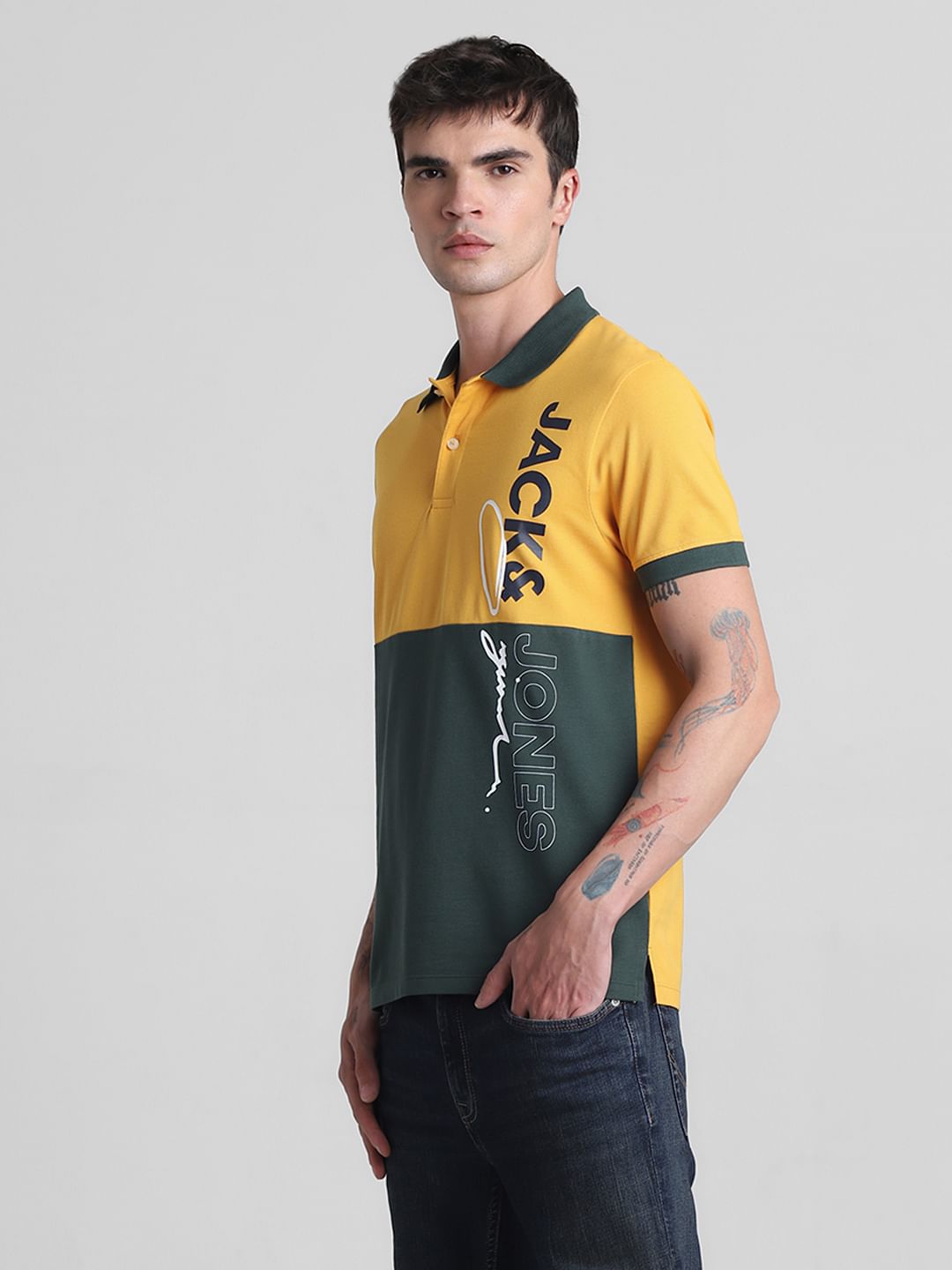 Yellow Colourblocked Cotton Polo T-shirt