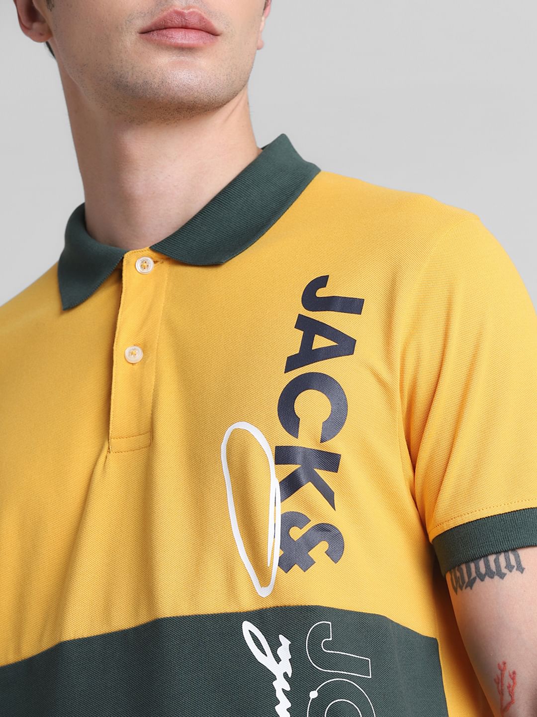 Yellow Colourblocked Cotton Polo T-shirt