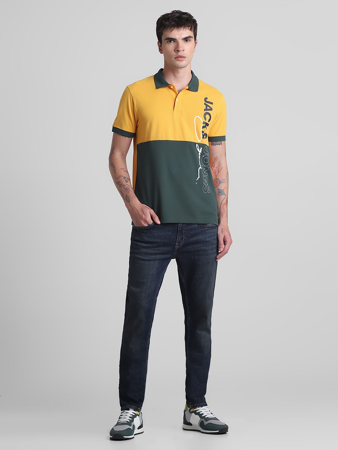 Yellow Colourblocked Cotton Polo T-shirt