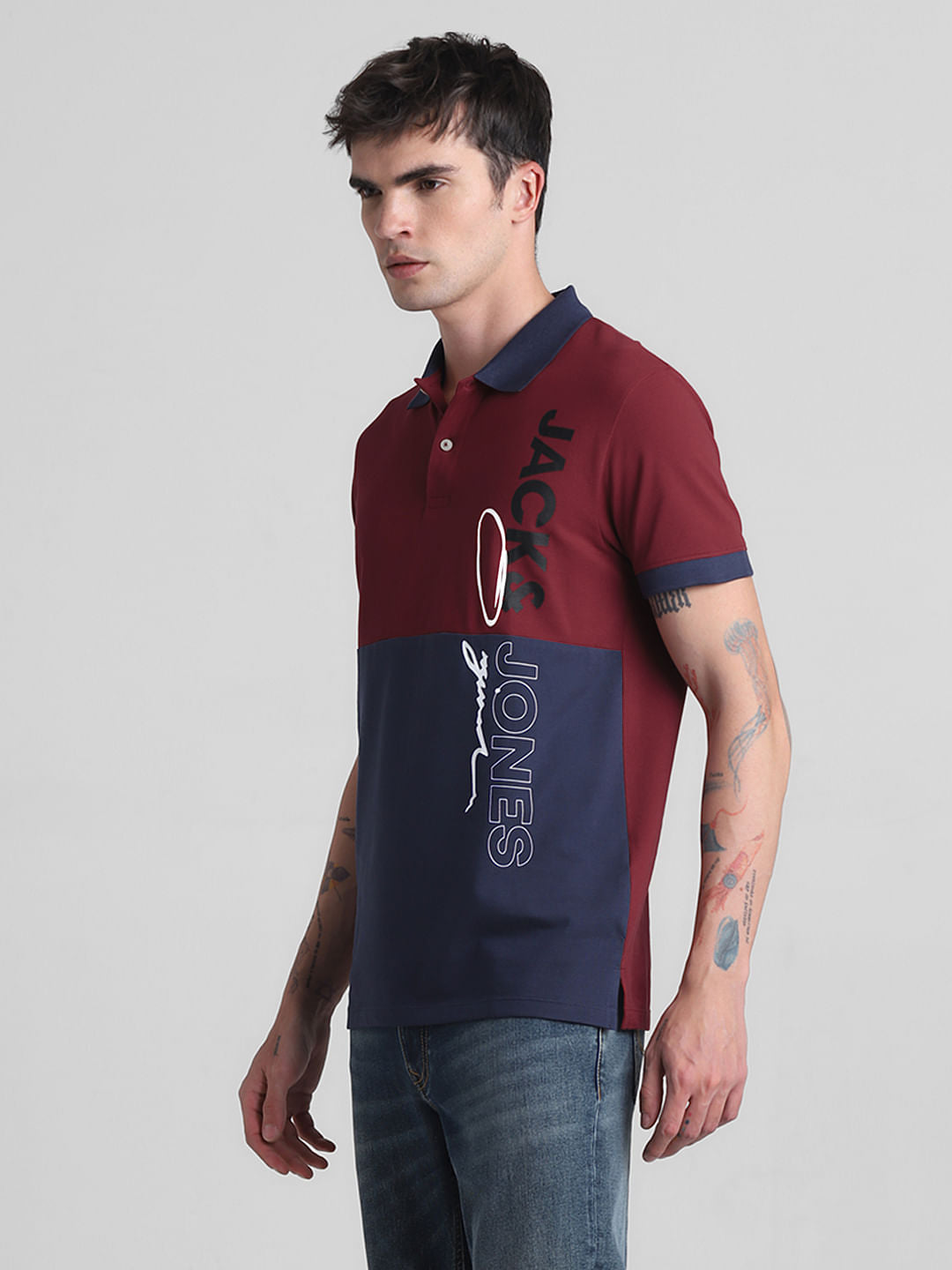 Red Colourblocked Cotton Polo T-shirt