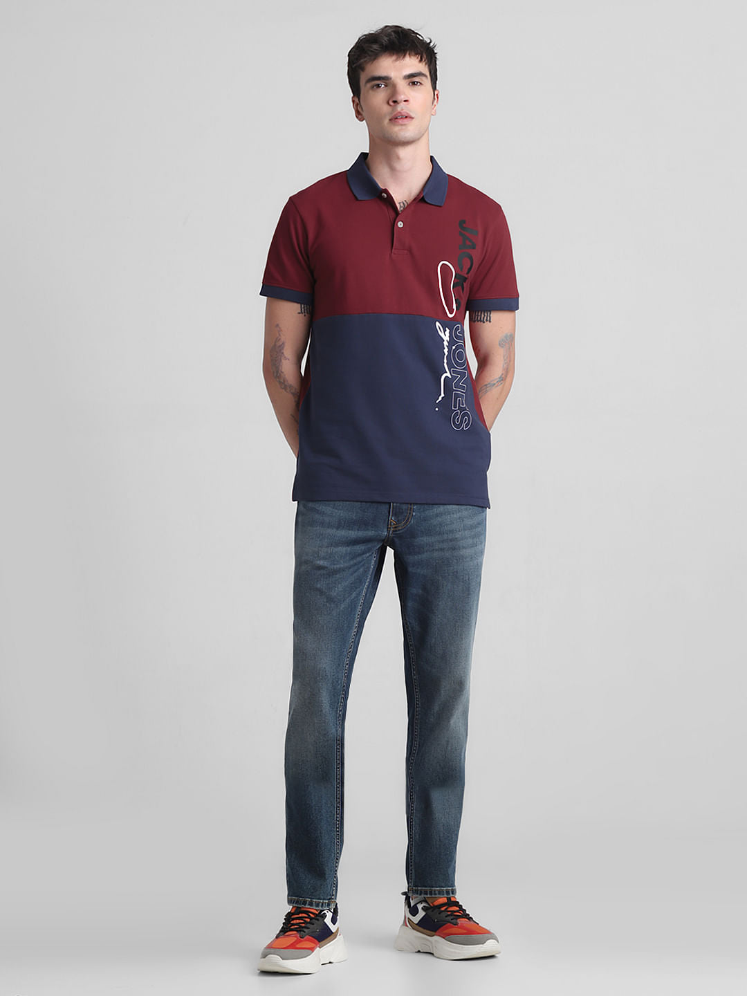 Red Colourblocked Cotton Polo T-shirt