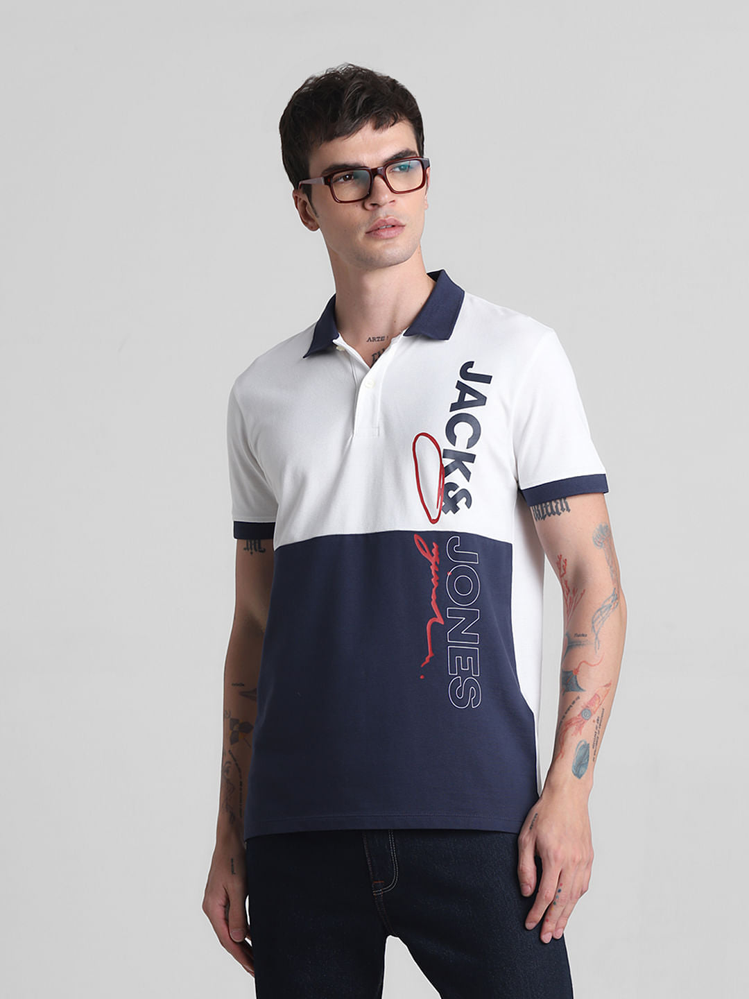 White Colourblocked Cotton Polo T-shirt