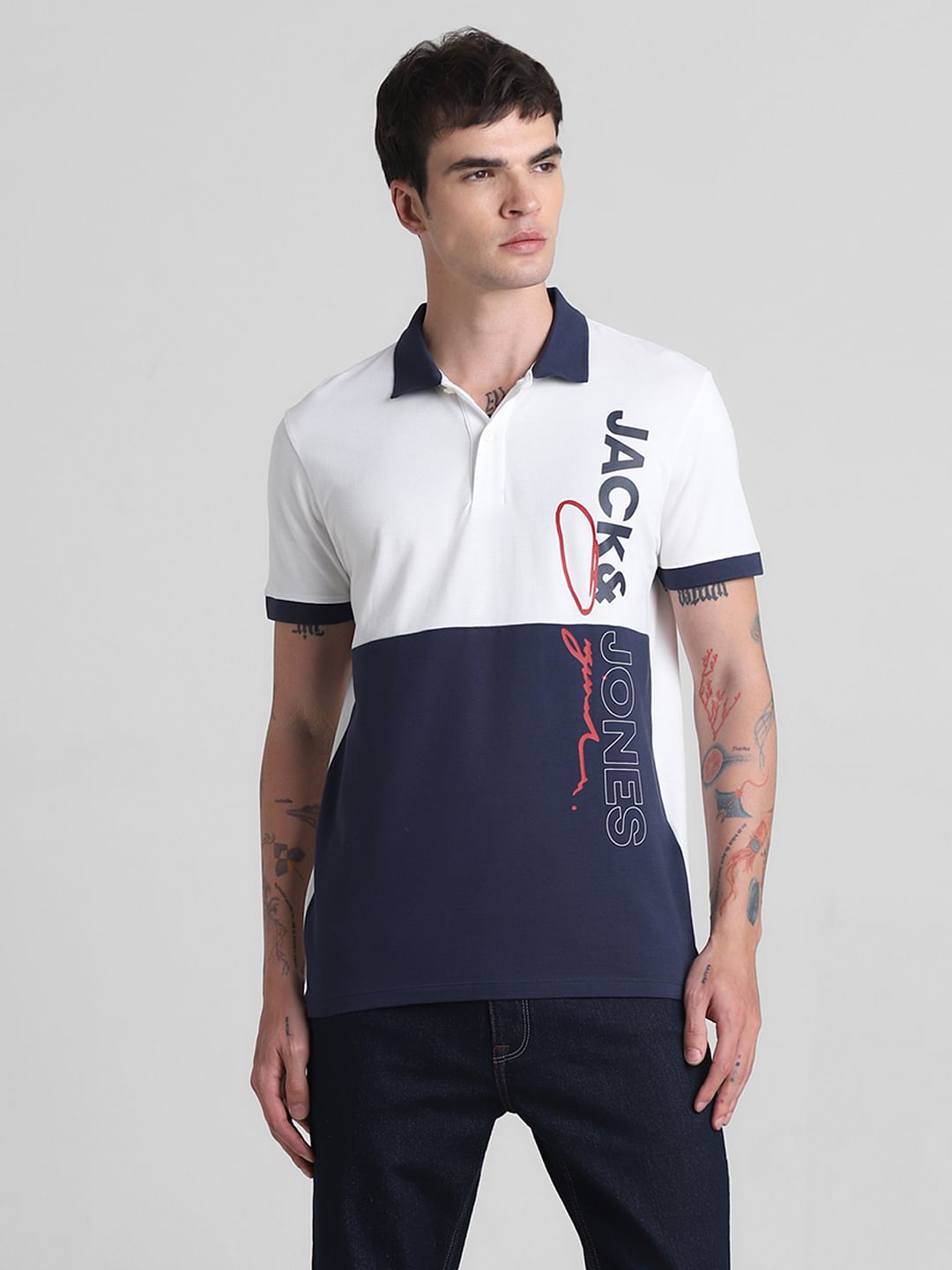 White Colourblocked Cotton Polo T-shirt