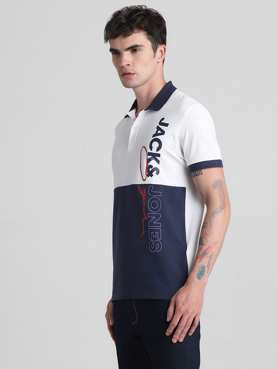 White Colourblocked Cotton Polo T-shirt