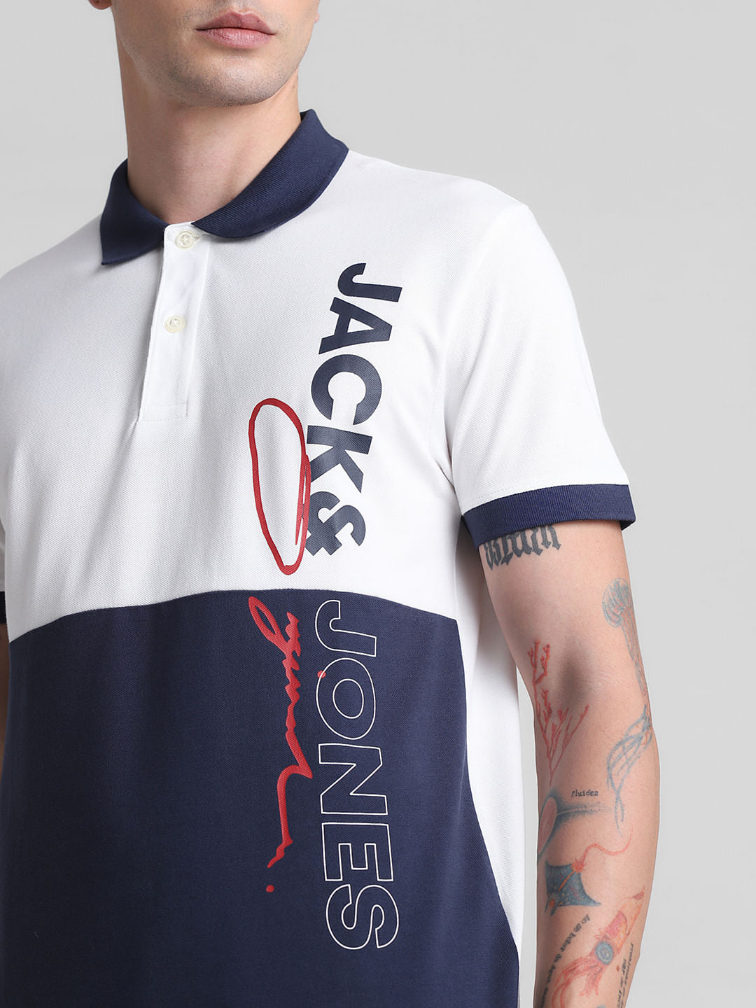 White Colourblocked Cotton Polo T-shirt