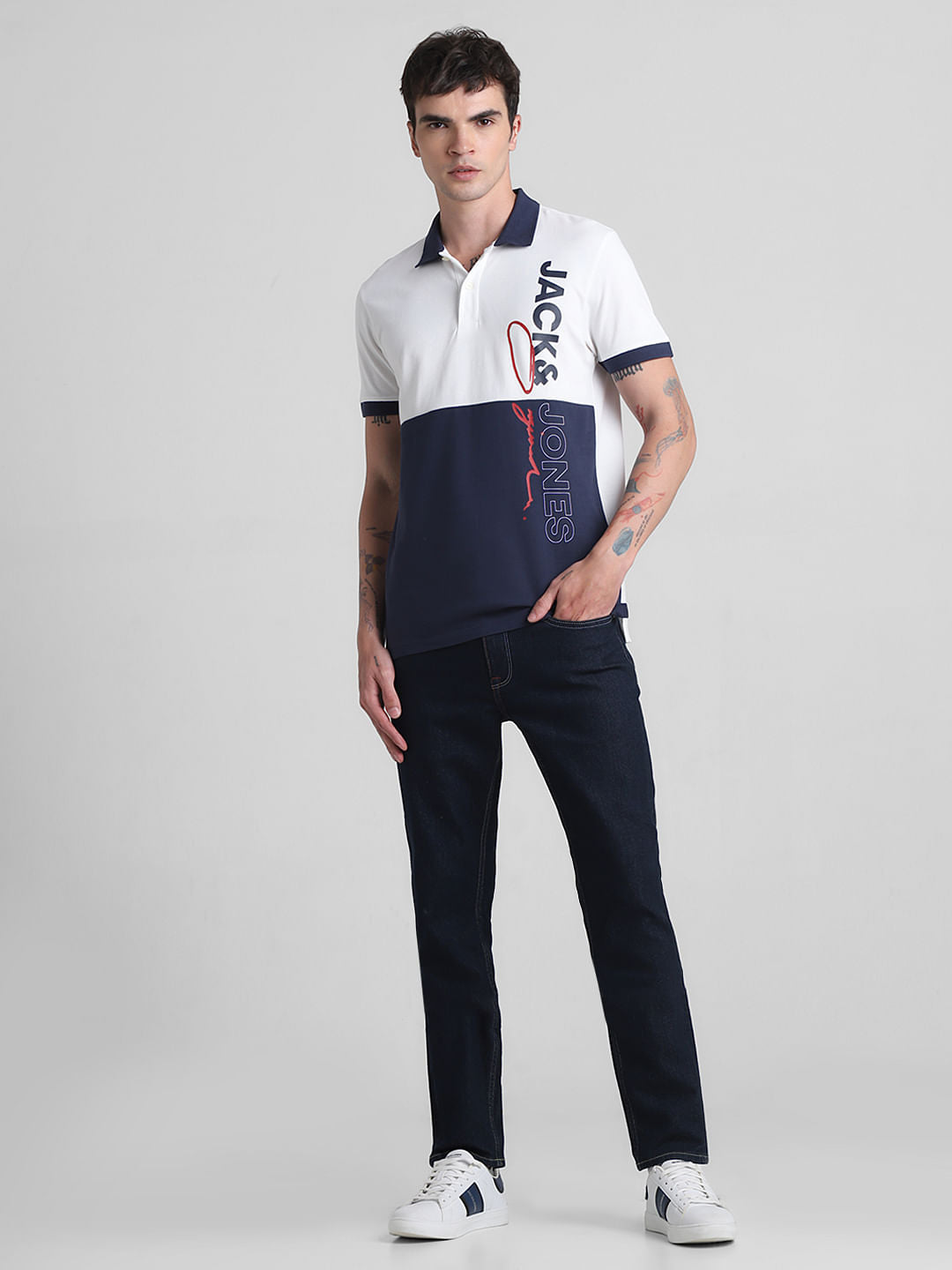 White Colourblocked Cotton Polo T-shirt