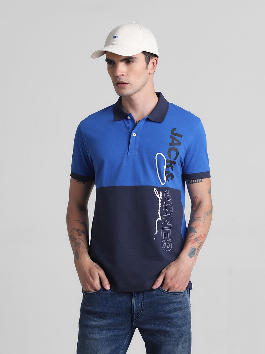 Blue Colourblocked Cotton Polo T-shirt