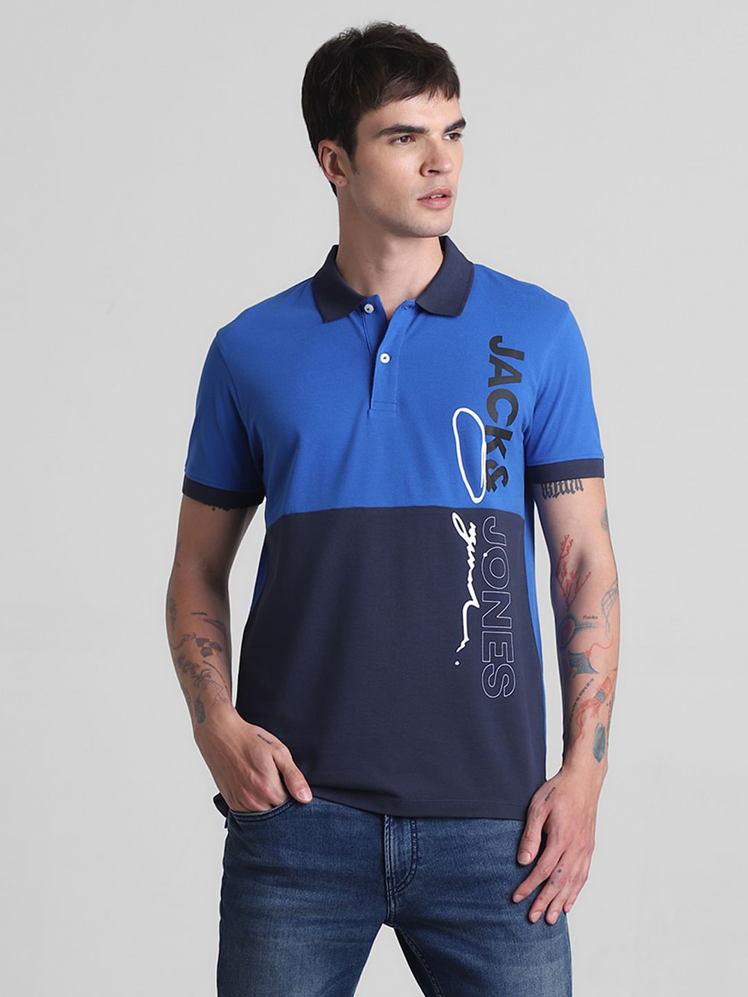 Blue Colourblocked Cotton Polo T-shirt