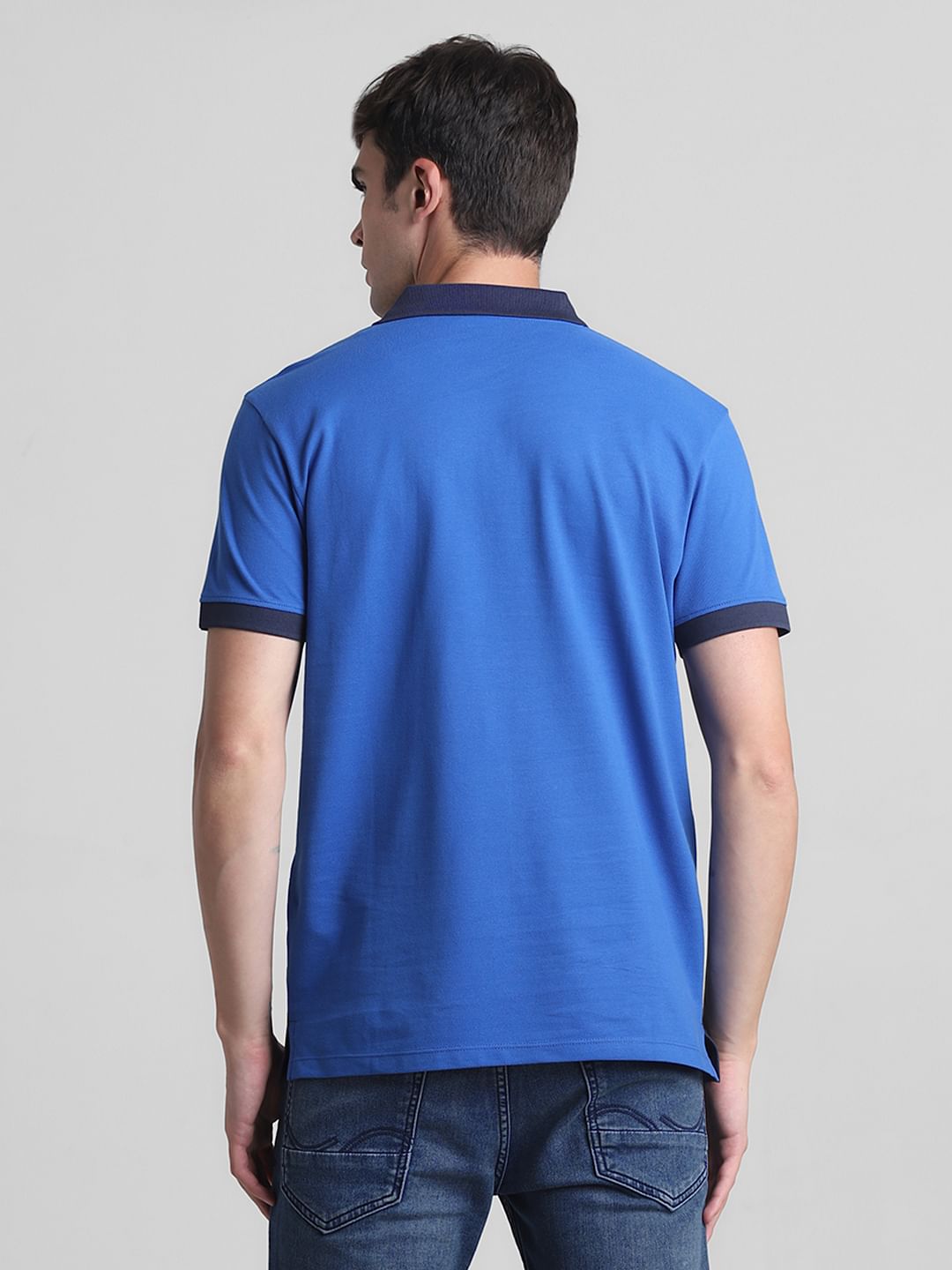 Blue Colourblocked Cotton Polo T-shirt