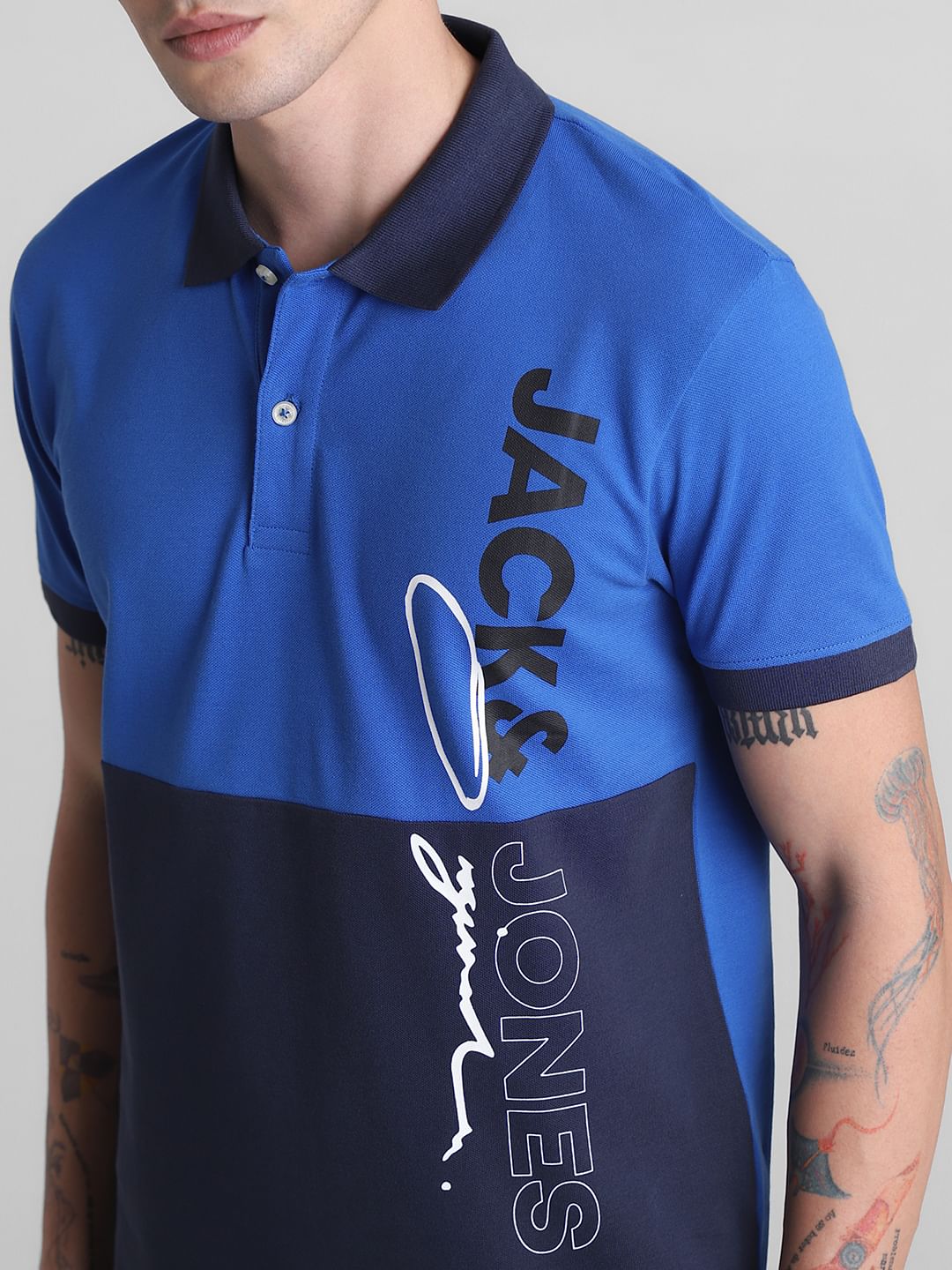 Blue Colourblocked Cotton Polo T-shirt